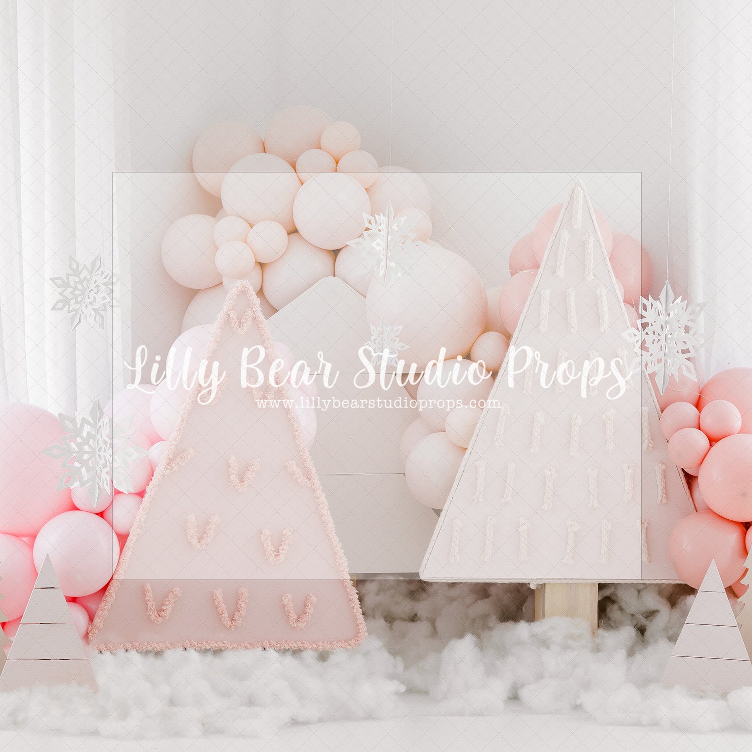 Blooming Winter Balloons - Lilly Bear Studio Props, balloons, FABRICS, pink balloons, pink snow, pink winter, pink winter trees, snow, snow pink, snowflakes, snowy trees, winter, winter balloons, winter trees