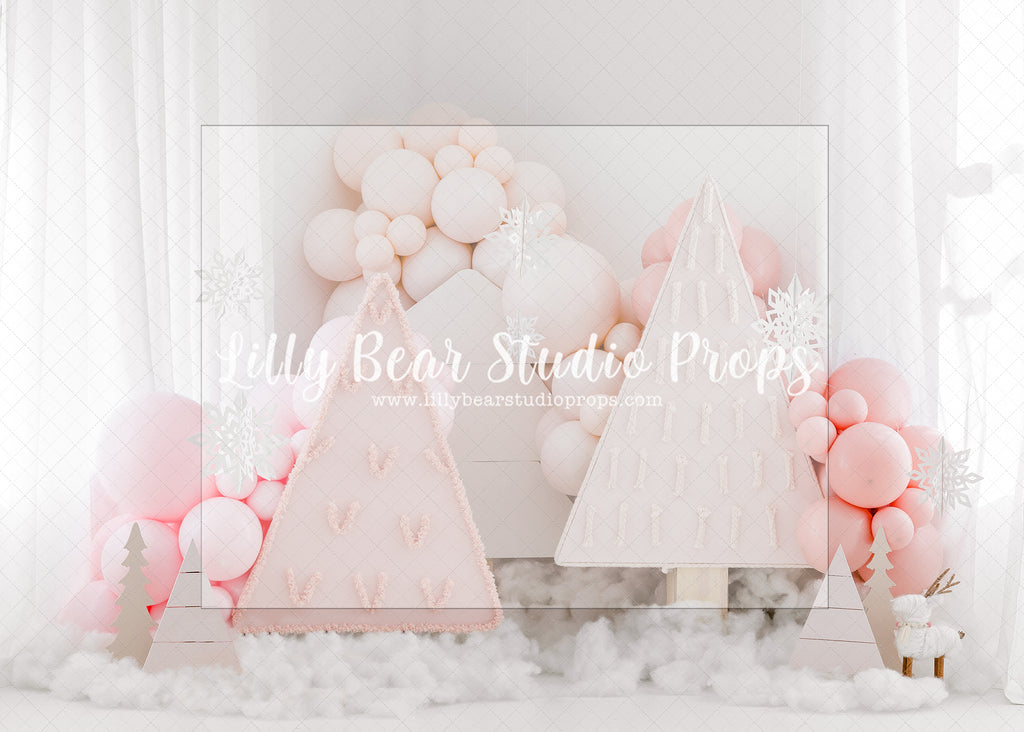 Blooming Winter Balloons - Lilly Bear Studio Props, balloons, FABRICS, pink balloons, pink snow, pink winter, pink winter trees, snow, snow pink, snowflakes, snowy trees, winter, winter balloons, winter trees