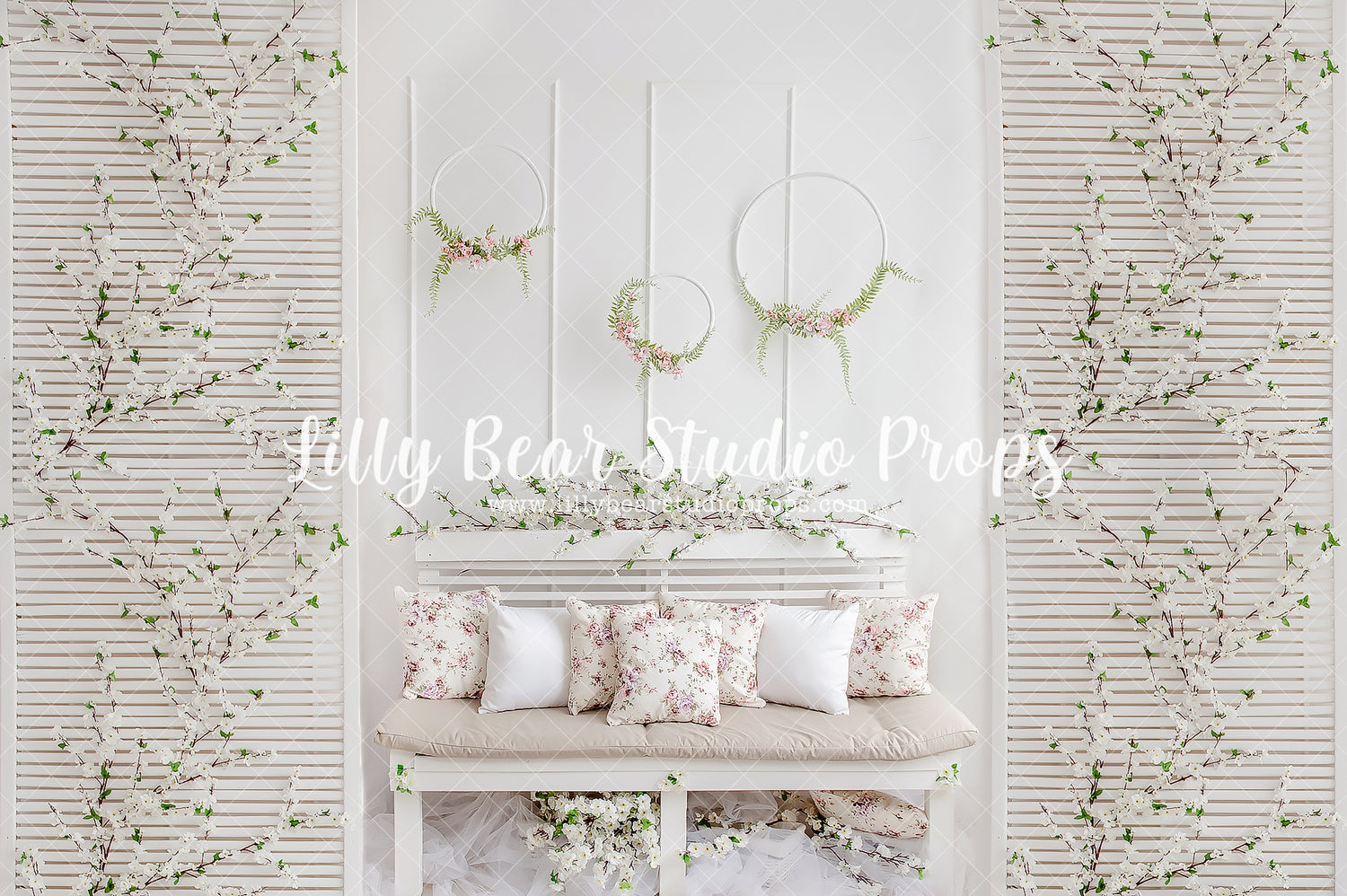 Blossom Bench by Lilly Bear Studio Props sold by Lilly Bear Studio Props, blue floral - blue flower - blue flowers - br