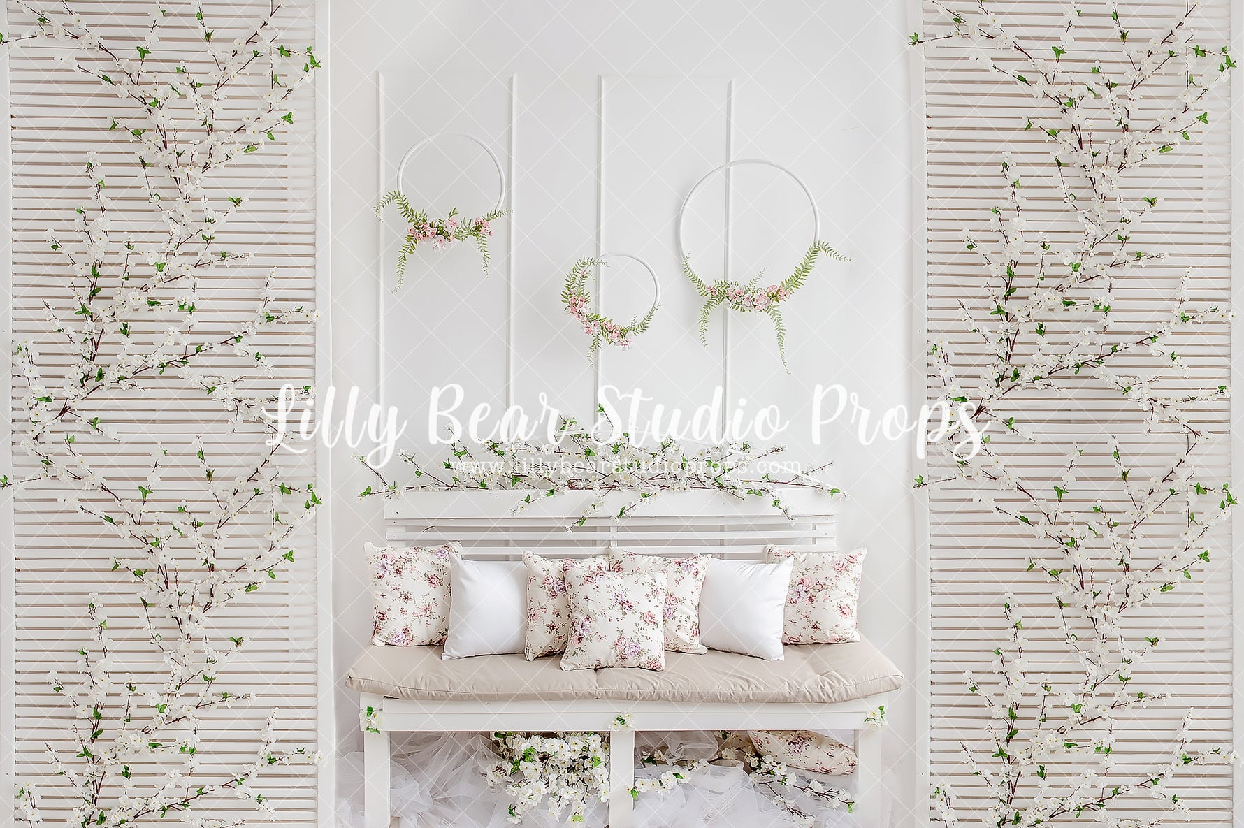 Blossom Bench by Lilly Bear Studio Props sold by Lilly Bear Studio Props, blue floral - blue flower - blue flowers - br