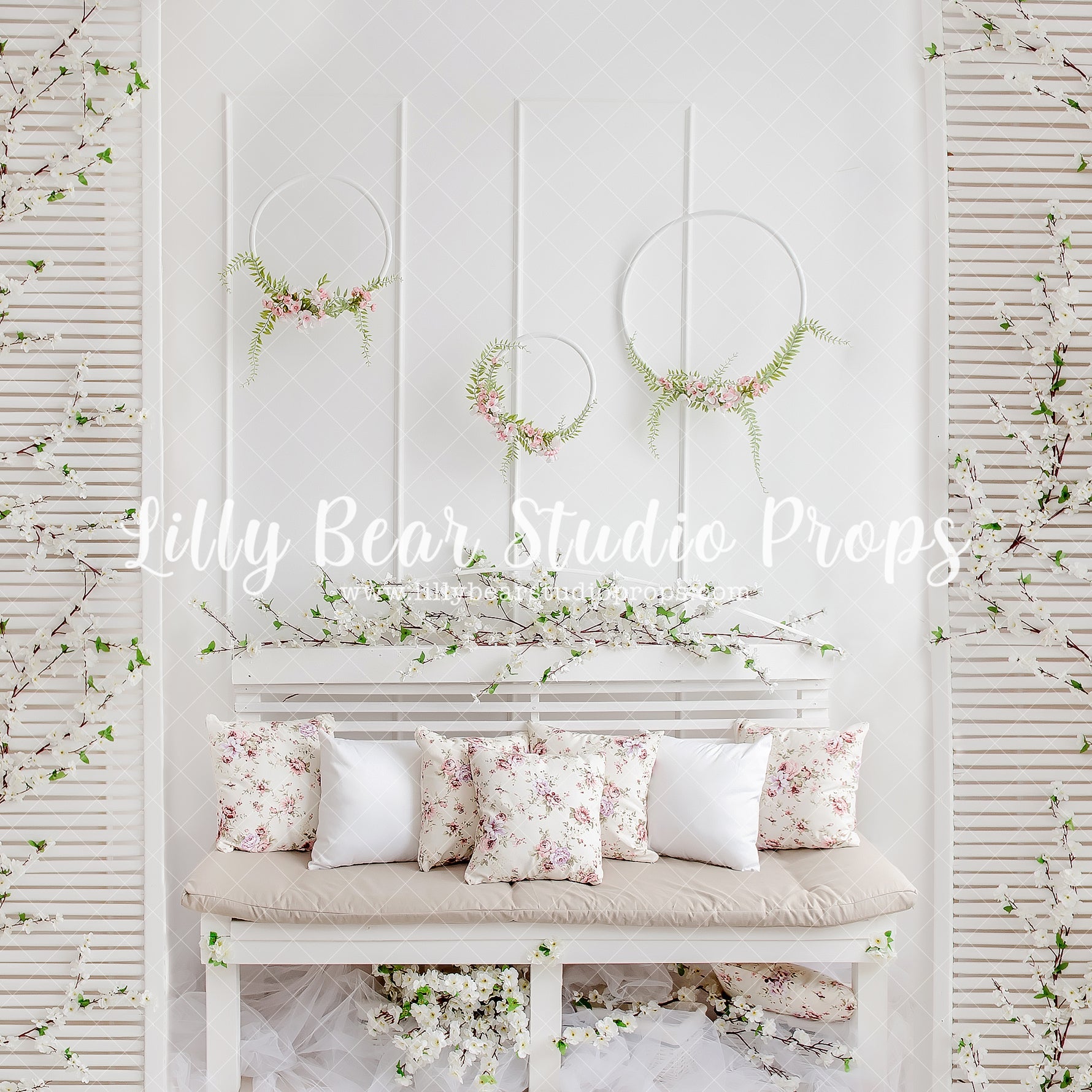 Blossom Bench by Lilly Bear Studio Props sold by Lilly Bear Studio Props, blue floral - blue flower - blue flowers - br