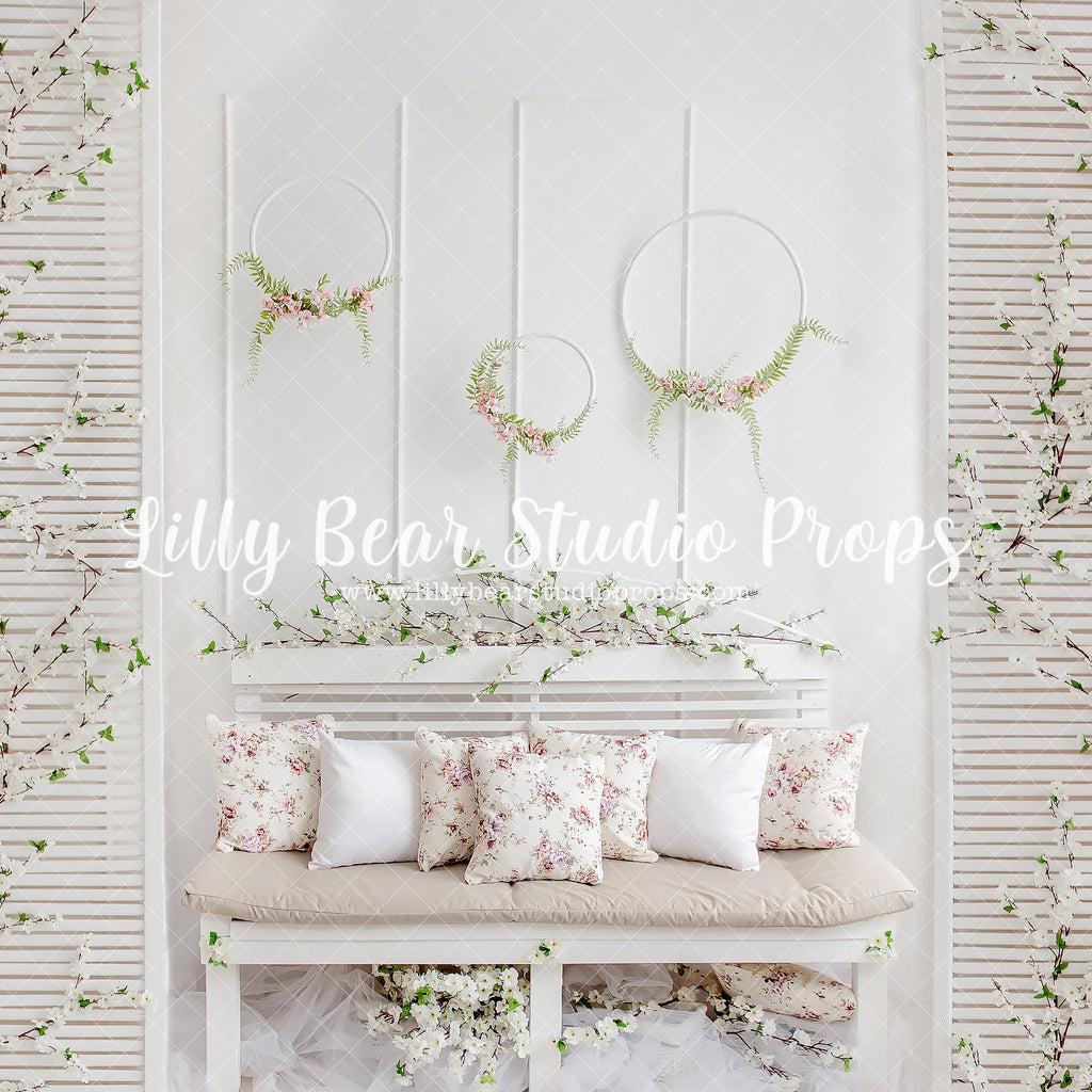 Blossom Bench by Lilly Bear Studio Props sold by Lilly Bear Studio Props, blue floral - blue flower - blue flowers - br
