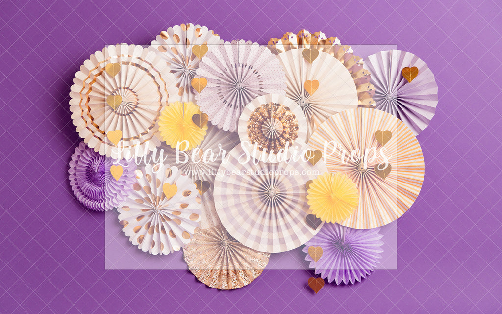 Blowout - Lilly Bear Studio Props, birthday fans, circle fans, fan decor, fans, gold birthday fans, gold fans, hearts, paper fans, purple, purple fans