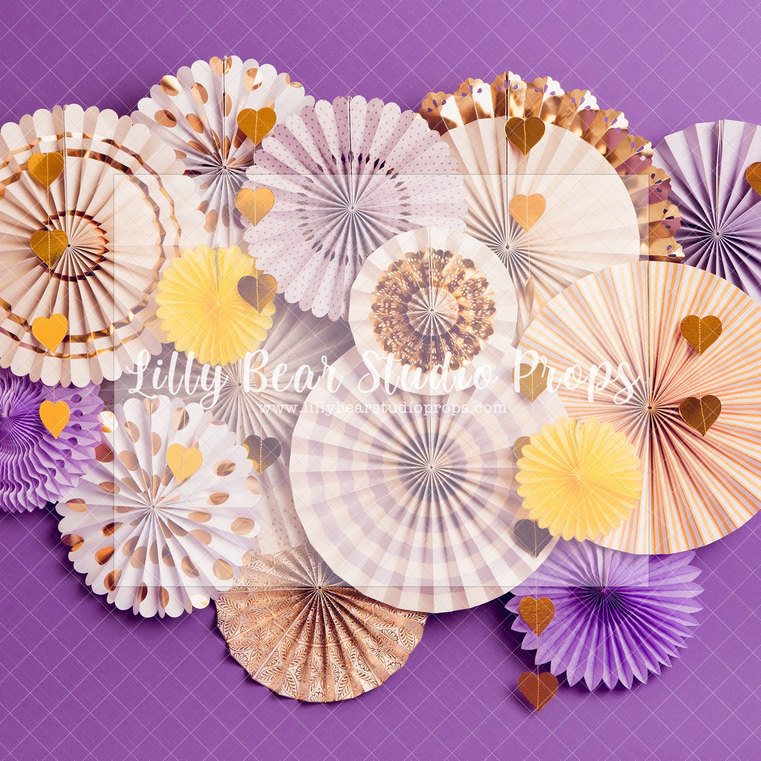 Blowout - Lilly Bear Studio Props, birthday fans, circle fans, fan decor, fans, gold birthday fans, gold fans, hearts, paper fans, purple, purple fans