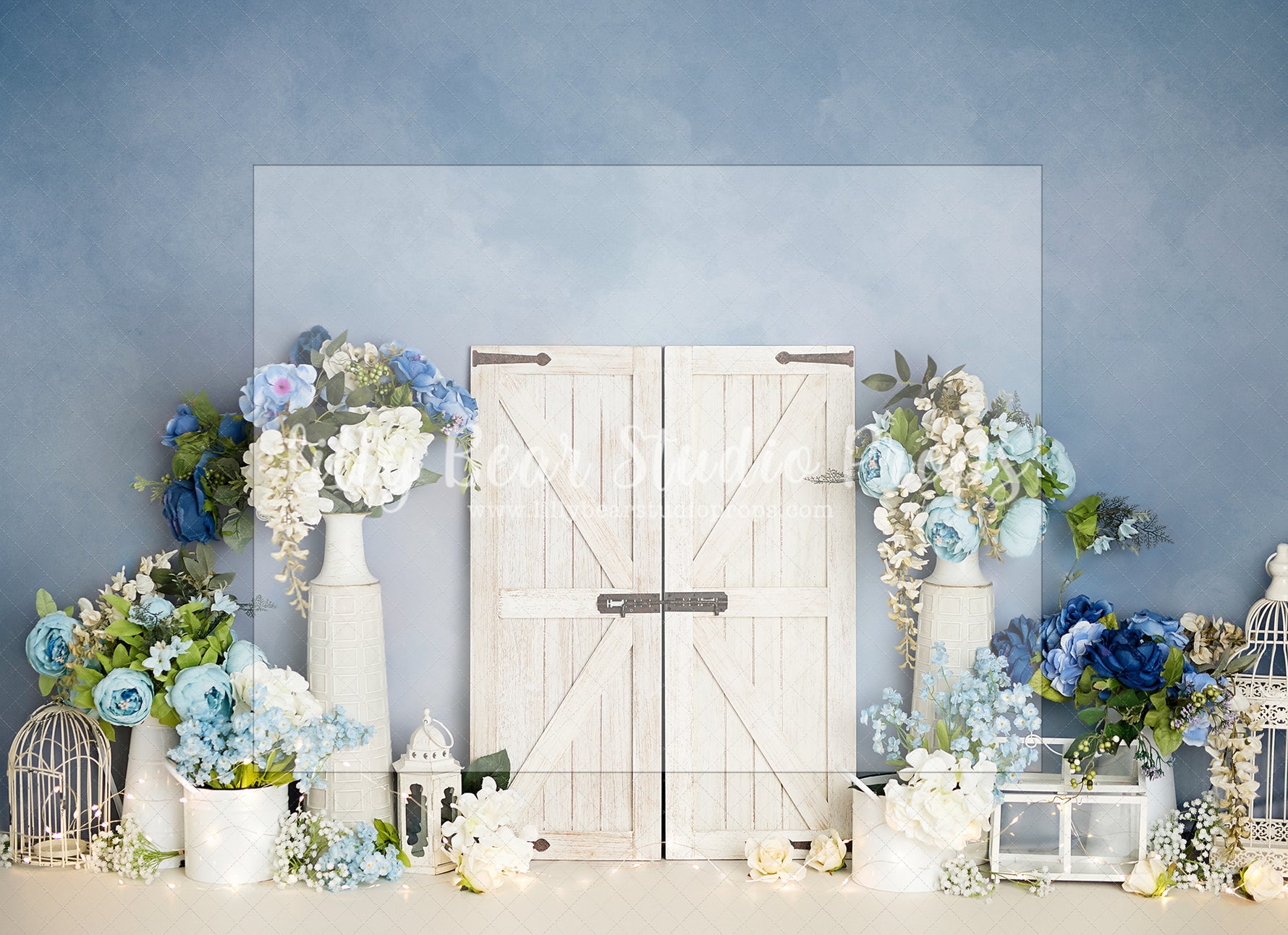Blue Belle by Sweet Little Blessings - Lilly Bear Studio Props, belle, blue, blue belle, blue floral, blue flower, blue flowers, blush roses, blushing, butterflies, butterfly, butterfly flowers, butterfly garden, FABRICS, floral, floral doors, flower garden, girl, paper butterflies, paper flower wall, paper flowers, pastel pink flowers, pink butterflies, pink butterfly, pink flowers, pink rose, pink roses, white barn doors, white doors, windows