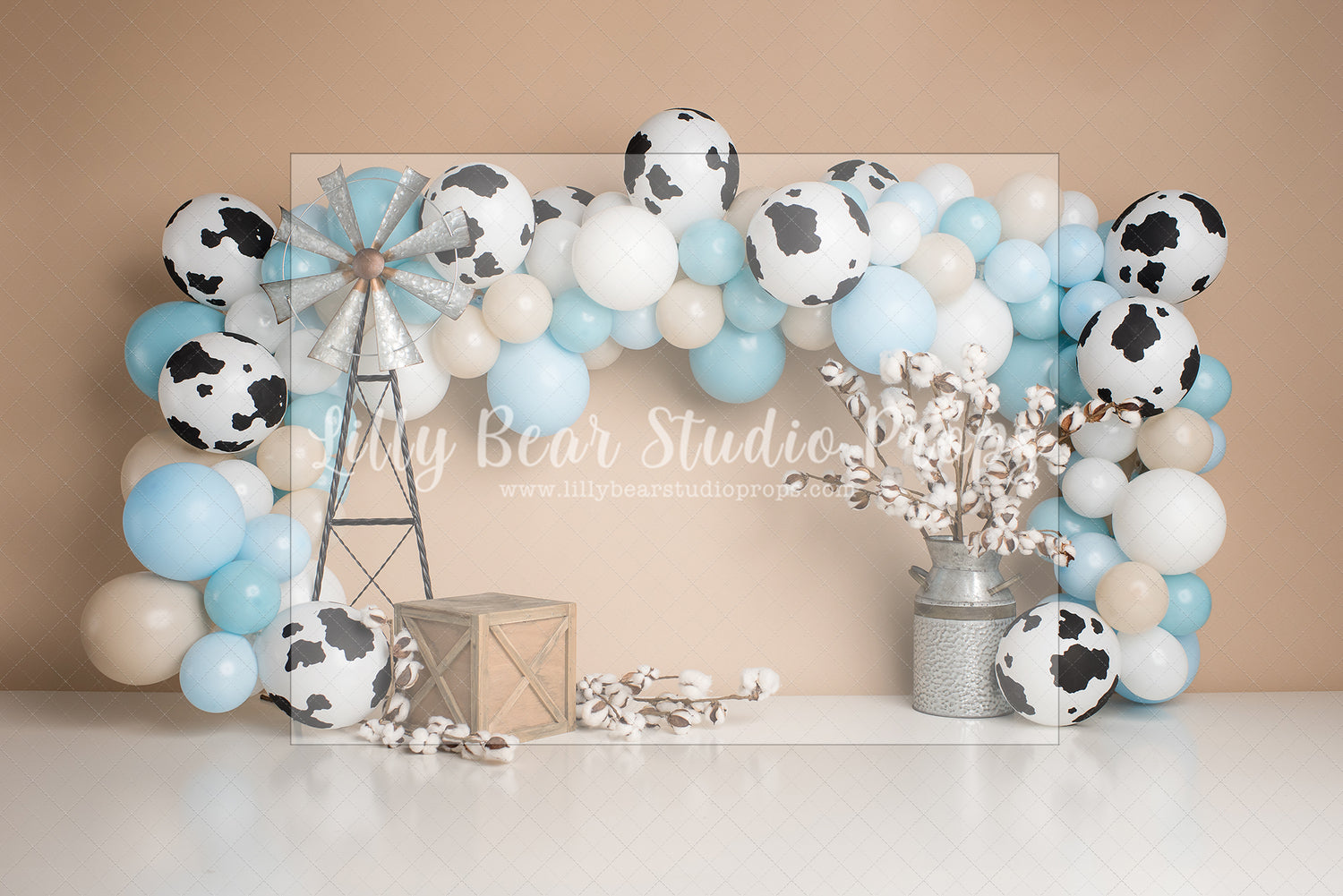 Blue Cowboy Yeehaw by E Newton - Lilly Bear Studio Props, beige, blue neutral garland, cow, cow boy, cow boy balloons, cow boy garland, cow boy neutral, cow pattern