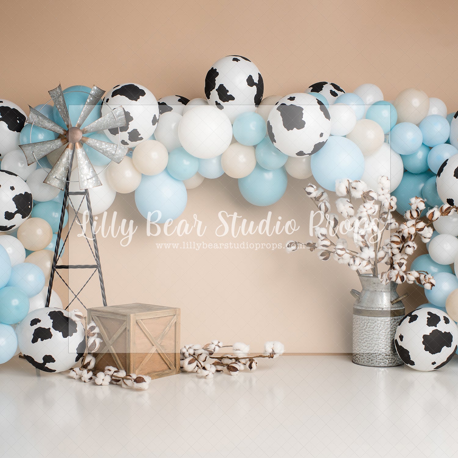 Blue Cowboy Yeehaw by E Newton - Lilly Bear Studio Props, beige, blue neutral garland, cow, cow boy, cow boy balloons, cow boy garland, cow boy neutral, cow pattern