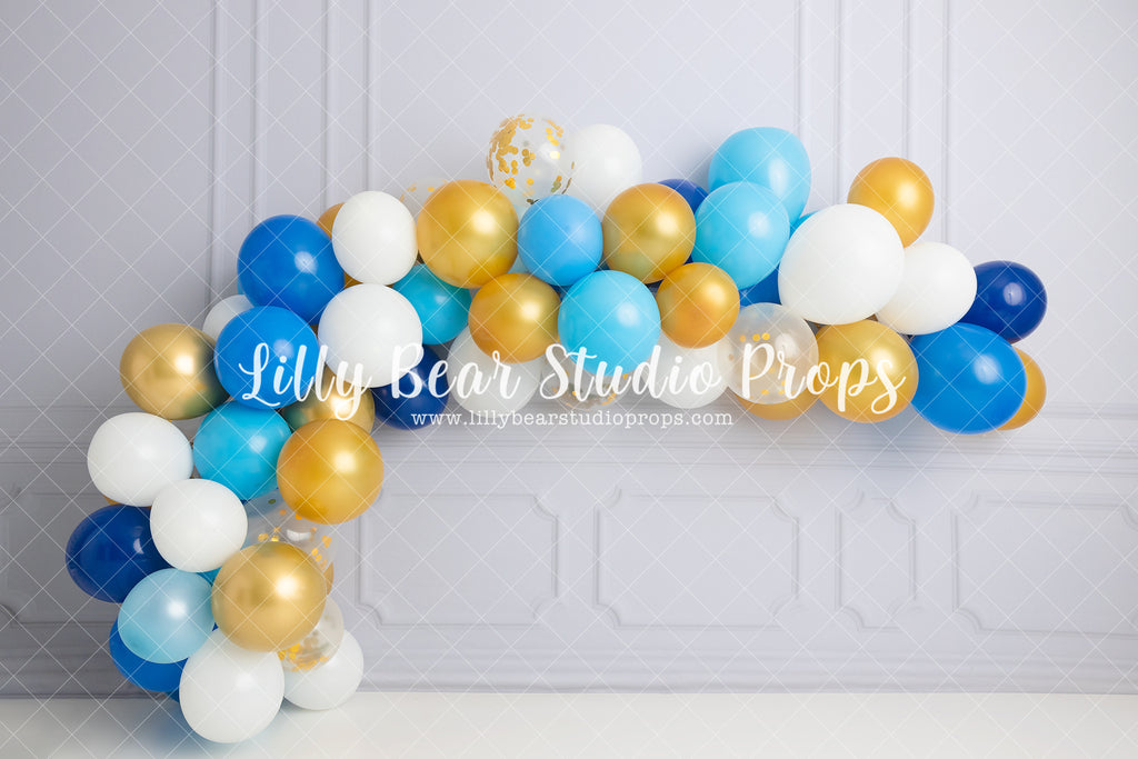 Blue Gold Wainscott Wall - Lilly Bear Studio Props, balloon garland, blue balloon garland, blue balloons, blue boy, boy, boy balloon garland, boy birthday, Fabric, FABRICS, garland, gold balloons, molding, wainscotting wall, white balloons, Wrinkle Free Fabric