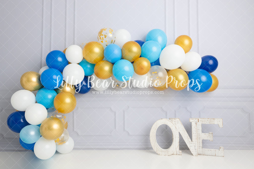 Blue Gold Wainscott Wall-ONE - Lilly Bear Studio Props, balloon garland, blue balloon garland, blue balloons, blue boy, boy, boy balloon garland, boy birthday, Fabric, FABRICS, garland, gold balloons, molding, ONE, wainscotting wall, white balloons, Wrinkle Free Fabric