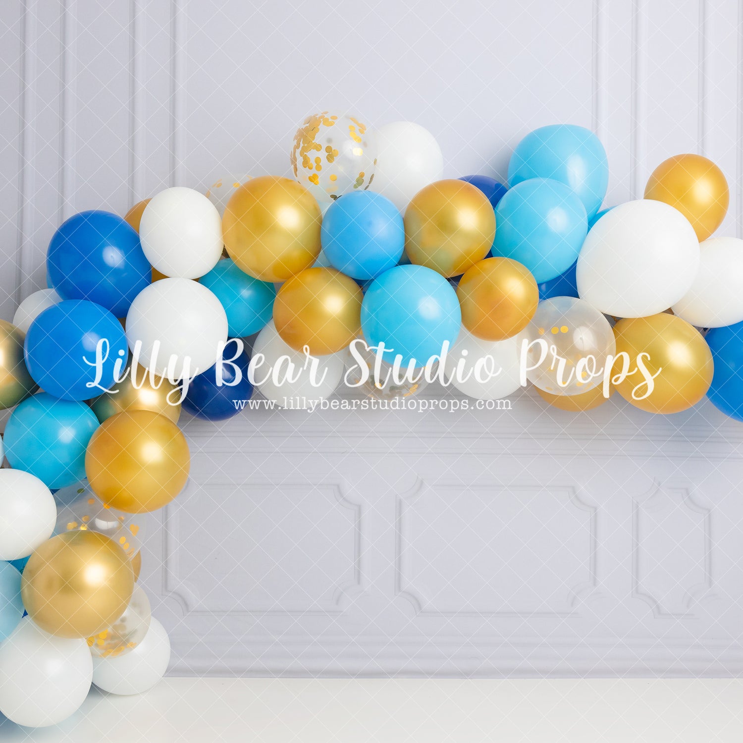 Blue Gold Wainscott Wall - Lilly Bear Studio Props, balloon garland, blue balloon garland, blue balloons, blue boy, boy, boy balloon garland, boy birthday, Fabric, FABRICS, garland, gold balloons, molding, wainscotting wall, white balloons, Wrinkle Free Fabric