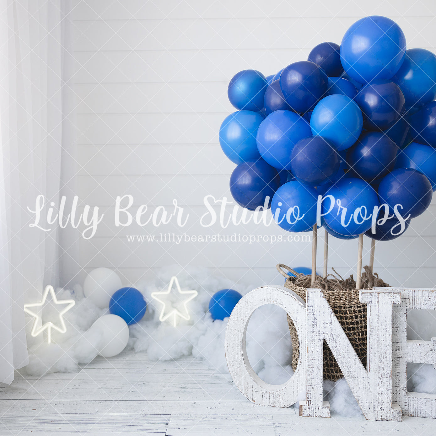 Blue Hot Air Balloon - Lilly Bear Studio Props, air balloon, air balloons, balloons, basket, birthday, blue balloon, blue balloons, blue one, clouds, curtain, Fabric, FABRICS, glowing stars, hot air balloon, hot air balloons, one, star, stars, Wrinkle Free Fabric