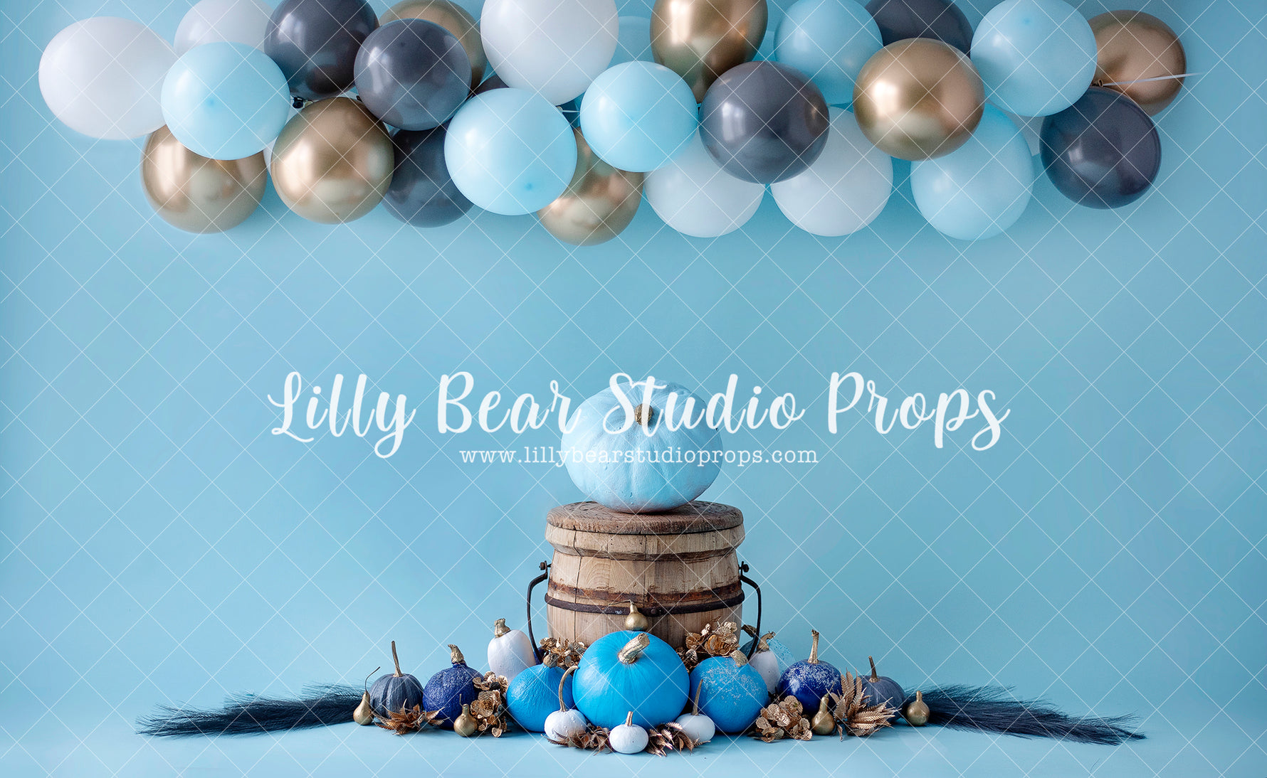 Blue Pumpkin Balloon Garland and Trophe - Lilly Bear Studio Props, balloon, balloon arch, balloon garland, blue, blue and gold, blue and gold balloons, blue balloon, blue balloon garland, blue gold, blue gold balloons, blue pumpkins, boy balloons, cinderella, fall, glitter, gold, honey bucket, pumpkin, pumpkins, shades of blue