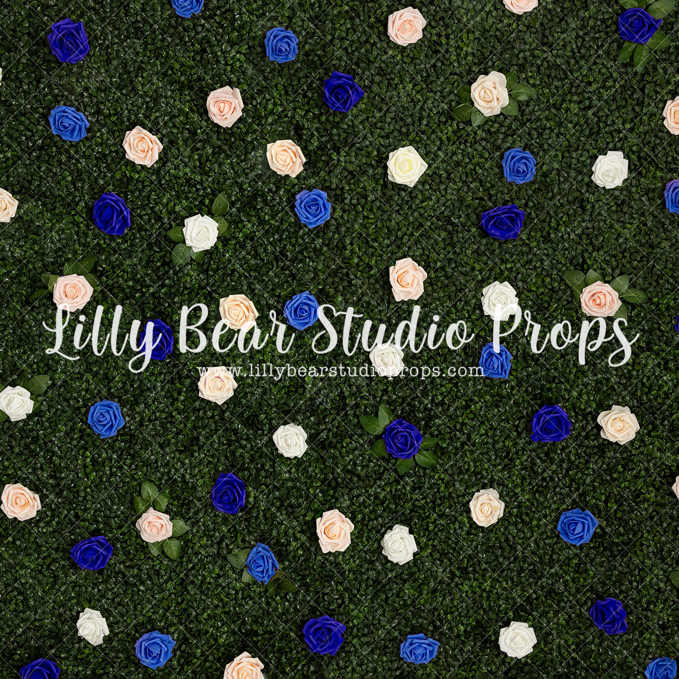 Blue Rose Wall - Lilly Bear Studio Props, blue roses, boxwood, boxwood wall, bush, Fabric, FABRICS, floral, flowers, garden, grass, green wall, greenery, pink rose, pink roses, red rose, red roses, rose, roses, spring, valentine, valentines, valentines day, white roses, Wrinkle Free Fabric