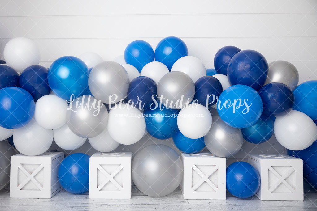 Blue Silver Garland - Lilly Bear Studio Props, air balloon, air balloons, balloons, basket, birthday, blue and silver, blue and white, blue balloon, blue balloon garland, blue balloons, blue boy, blue one, blues, boxes, clouds, curtain, deep blue, Fabric, FABRICS, glowing stars, hot air balloon, hot air balloons, one, shades of blue, Wrinkle Free Fabric, x boxes