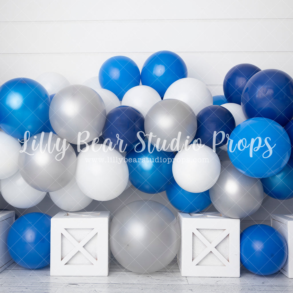 Blue Silver Garland - Lilly Bear Studio Props, air balloon, air balloons, balloons, basket, birthday, blue and silver, blue and white, blue balloon, blue balloon garland, blue balloons, blue boy, blue one, blues, boxes, clouds, curtain, deep blue, Fabric, FABRICS, glowing stars, hot air balloon, hot air balloons, one, shades of blue, Wrinkle Free Fabric, x boxes
