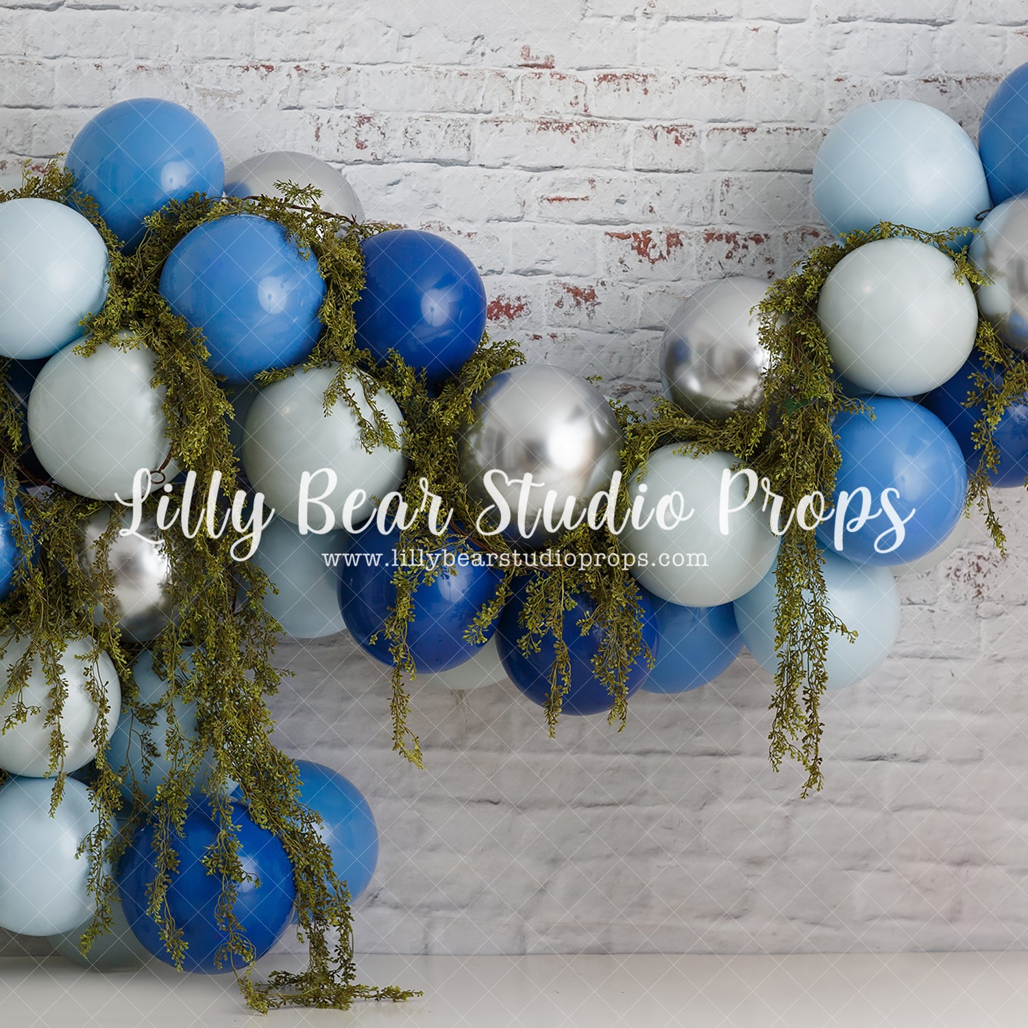 Blue & Green Balloon Garland - Lilly Bear Studio Props, balloon, balloon garland, blue balloon, blue balloon garland, blue balloons, boho greenery, cake smash, Fabric, FABRICS, floral, greenery, silver balloons, vintage, vintage floral, white balloons, Wrinkle Free Fabric