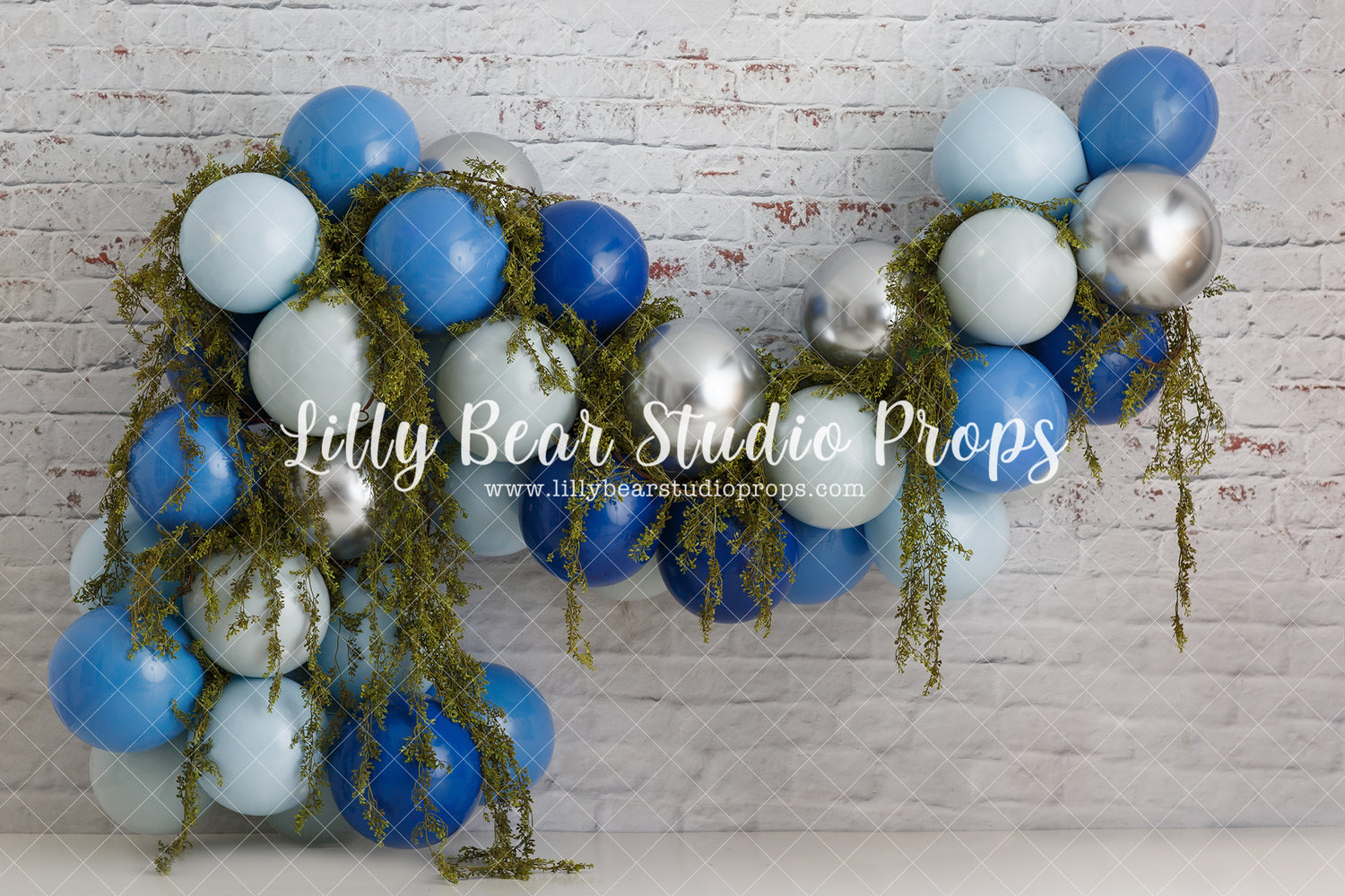 Blue & Green Balloon Garland - Lilly Bear Studio Props, balloon, balloon garland, blue balloon, blue balloon garland, blue balloons, boho greenery, cake smash, Fabric, FABRICS, floral, greenery, silver balloons, vintage, vintage floral, white balloons, Wrinkle Free Fabric