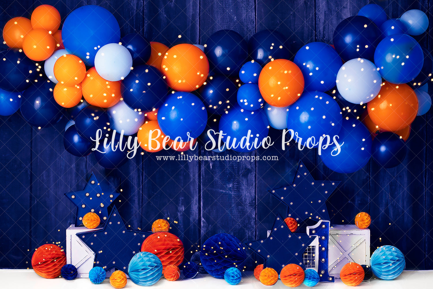 Blue & Orange Party - Lilly Bear Studio Props, balloon, balloon arch, balloon garland, balloons, blue, blue stars, blue wood, boy balloon garland, boy cake smash, cake smash, Fabric, fox, fox turns one, foxy, metallic balloons, one fox, one marquee, orange, orange and blue, our little fox, star, stars, Wrinkle Free Fabric
