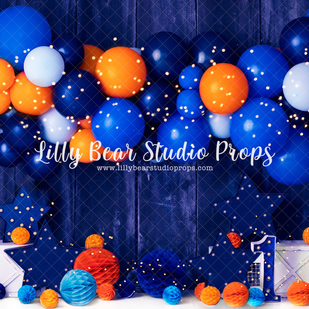 Blue & Orange Party - Lilly Bear Studio Props, balloon, balloon arch, balloon garland, balloons, blue, blue stars, blue wood, boy balloon garland, boy cake smash, cake smash, Fabric, fox, fox turns one, foxy, metallic balloons, one fox, one marquee, orange, orange and blue, our little fox, star, stars, Wrinkle Free Fabric
