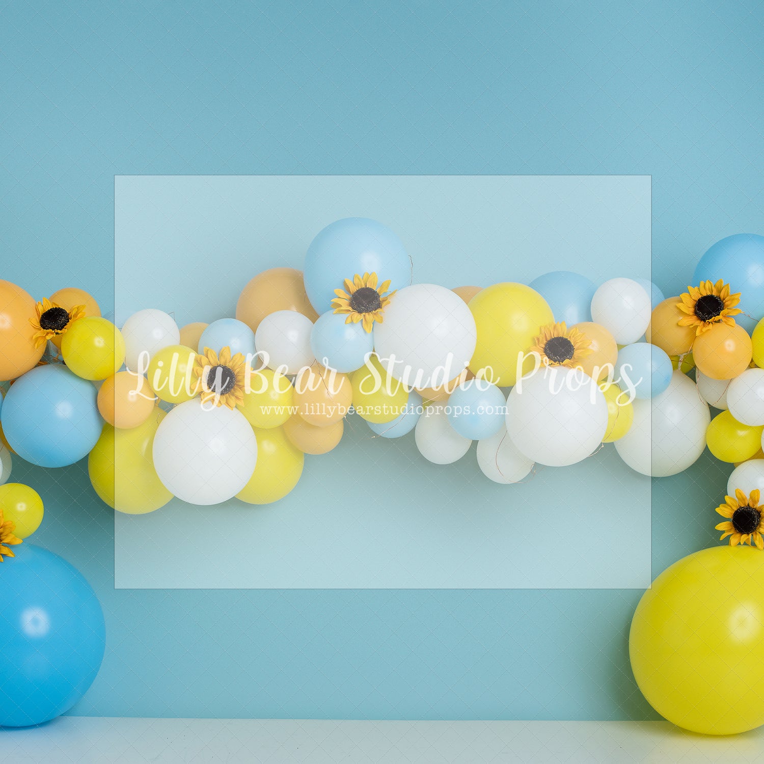 Blue & Yellow Sunflower Garland by E Newton - Lilly Bear Studio Props, sunflower, sunflower balloon garland, sunflower garden, sunflowers, yellow blue, yellow white blue