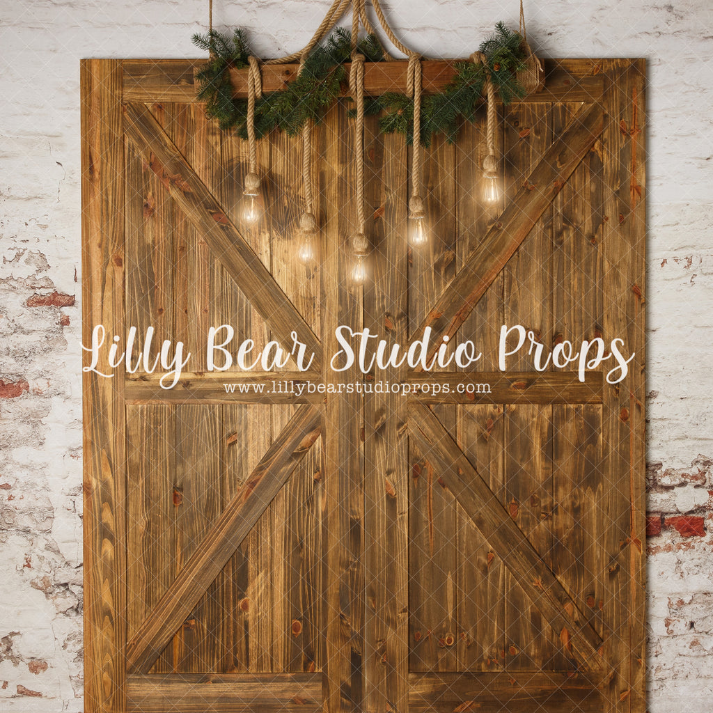 Bohemian Holiday Doors - Lilly Bear Studio Props, barndoors, bohemian, bohemian holiday, boho, boho barndoor, boho brick, boho door, boho lights, christmas, christmas village, Fabric, hanging lights, holiday, holiday christmas, snowy forest, white christmas, white holiday, white winter, winter, winter christmas, Wrinkle Free Fabric