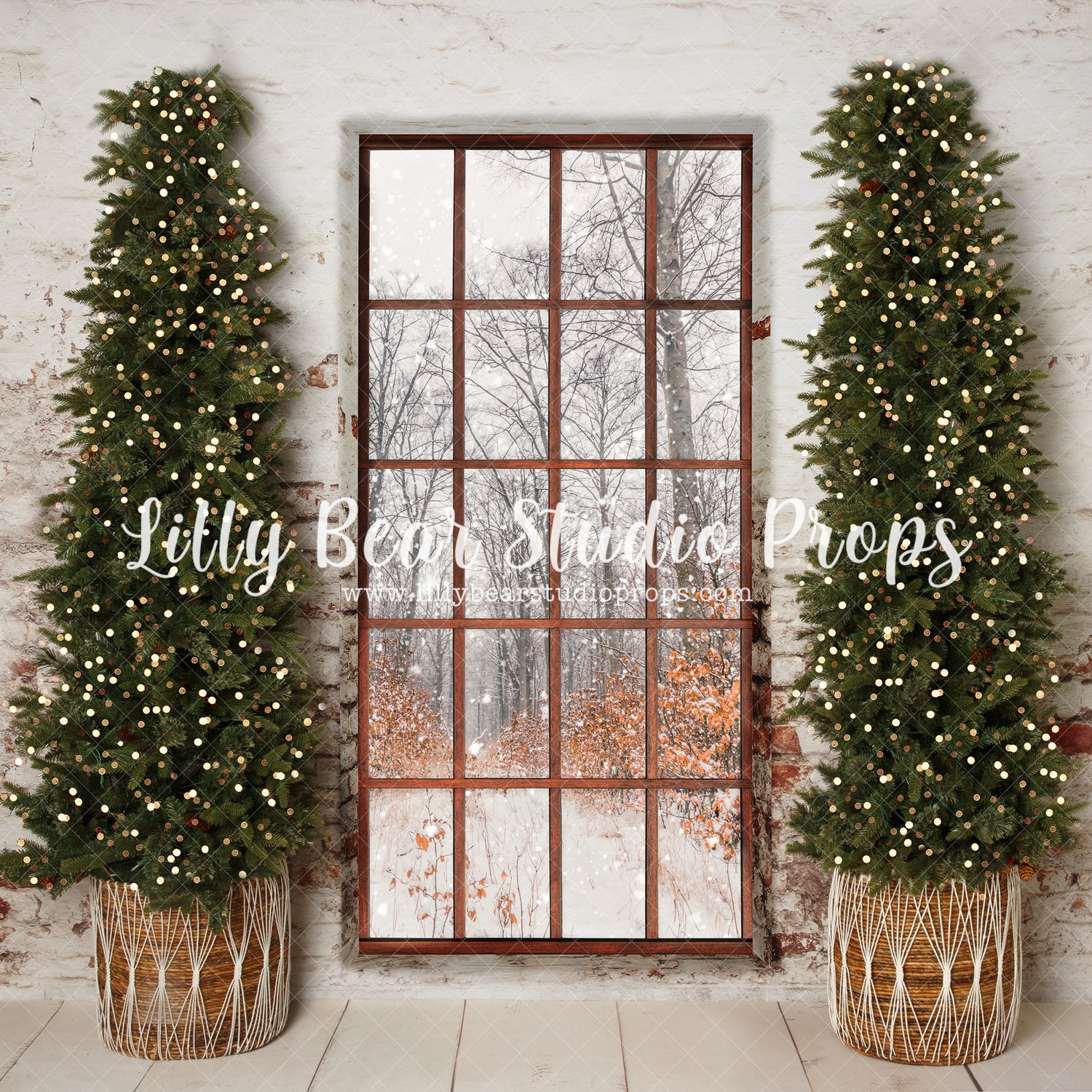 Bohemian Holiday Window - Lilly Bear Studio Props, bohemian, bohemian christmas, bohemian window, boho, boho christmas, boho christmas window, christmas, christmas village, christmas window, evergreen trees, evergreens, Fabric, holiday, holiday christmas, pine trees, winter boho, winter window, Wrinkle Free Fabric