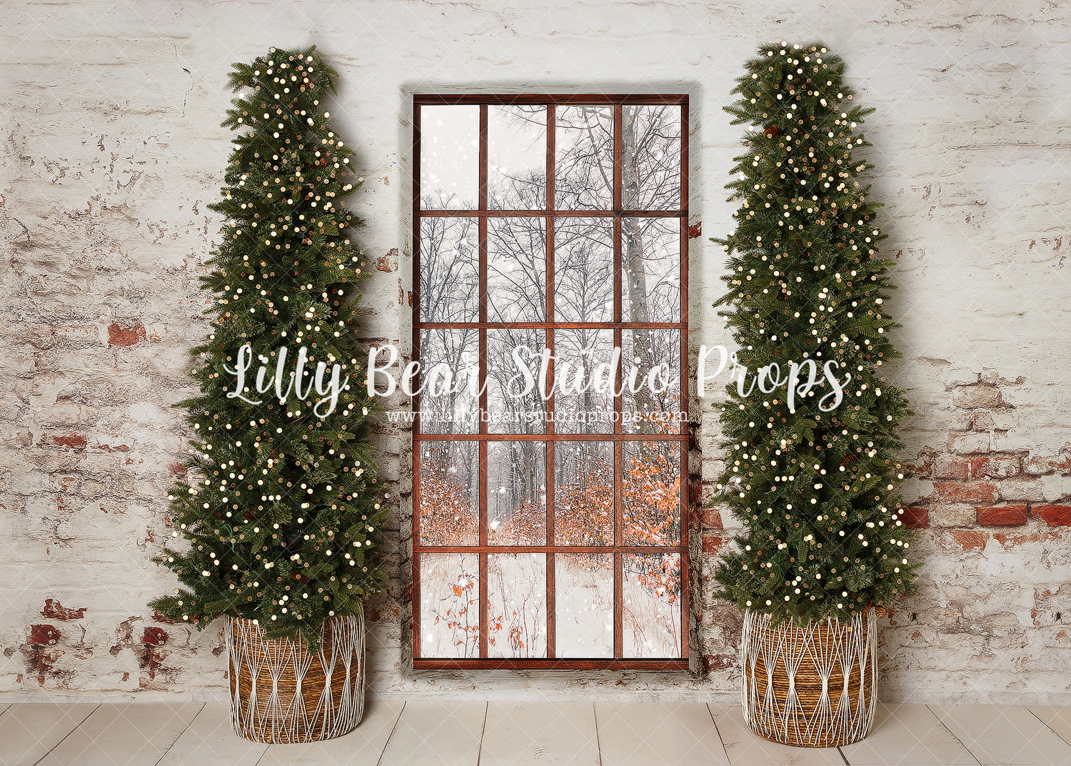 Bohemian Holiday Window - Lilly Bear Studio Props, bohemian, bohemian christmas, bohemian window, boho, boho christmas, boho christmas window, christmas, christmas village, christmas window, evergreen trees, evergreens, Fabric, holiday, holiday christmas, pine trees, winter boho, winter window, Wrinkle Free Fabric