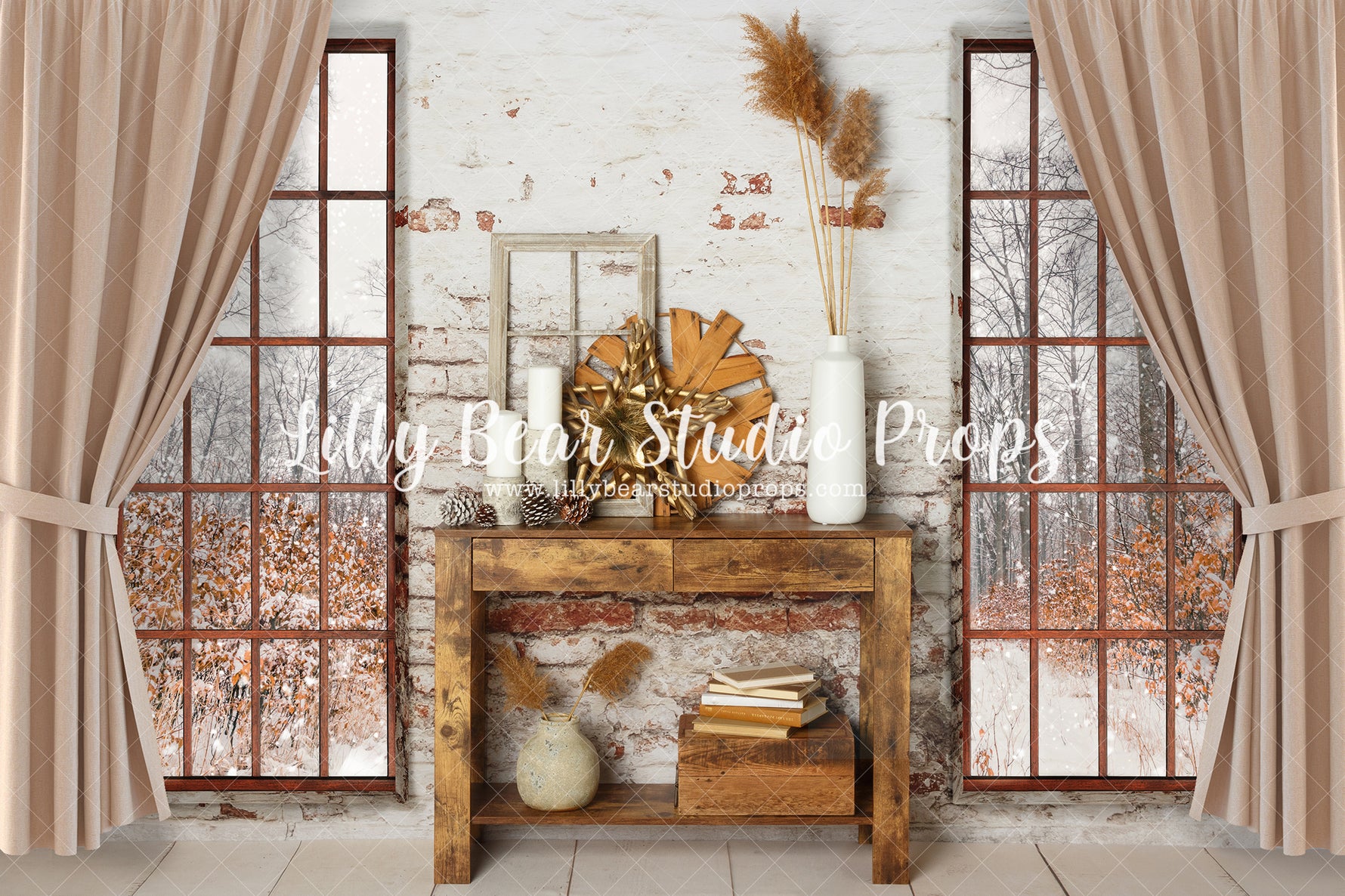 Bohemian Holiday Room - Lilly Bear Studio Props, black fireplace, bohemian christmas, bohemian fireplace, bohemian mantel, boho, boho christmas, boho holiday, boho mantel, christmas, christmas mantel, christmas village, evergreen trees, evergreens, Fabric, fireplace, holiday, holiday christmas, mantel, Pampas, pine trees, white christmas, white holiday, Wrinkle Free Fabric