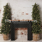 Bohemian Holiday - Lilly Bear Studio Props, black fireplace, bohemian fireplace, boho christmas fireplace, boho fireplace, boho fireplaced, christmas, christmas fireplace, christmas mantel, christmas village, evergreen trees, evergreens, Fabric, fireplace, holiday, holiday christmas, mantel, pine trees, Wrinkle Free Fabric