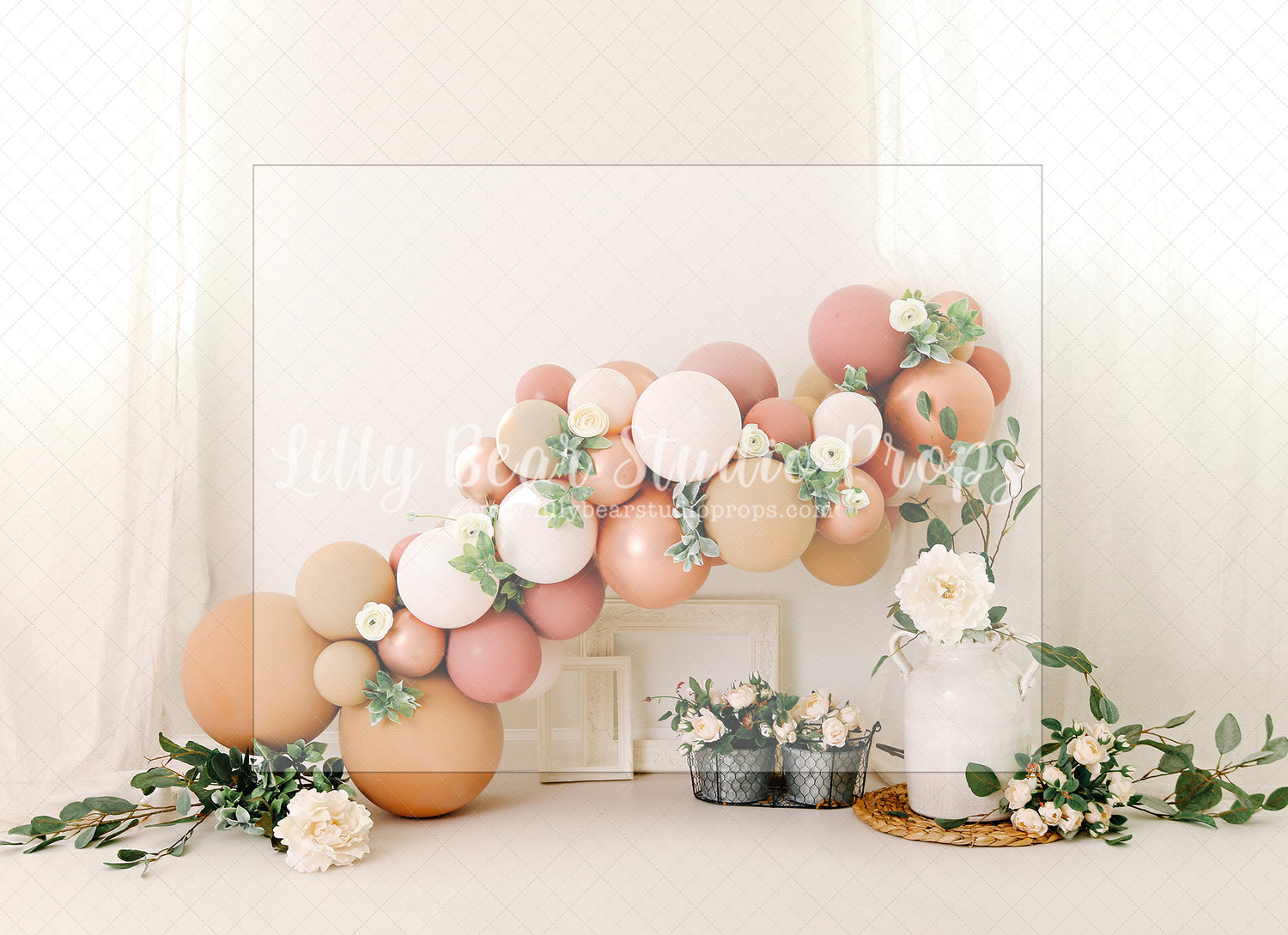 Boho Bloom Balloon Garland - Lilly Bear Studio Props, boho spring, FABRICS, flower barn doors, flower garden, flower ladder, flower stand, fresh flowers, garden, neutral balloon garland, neutral florals, spanish moss, spring, spring garden, spring mini, spring time, springtime, sprintime, tulips, watering can