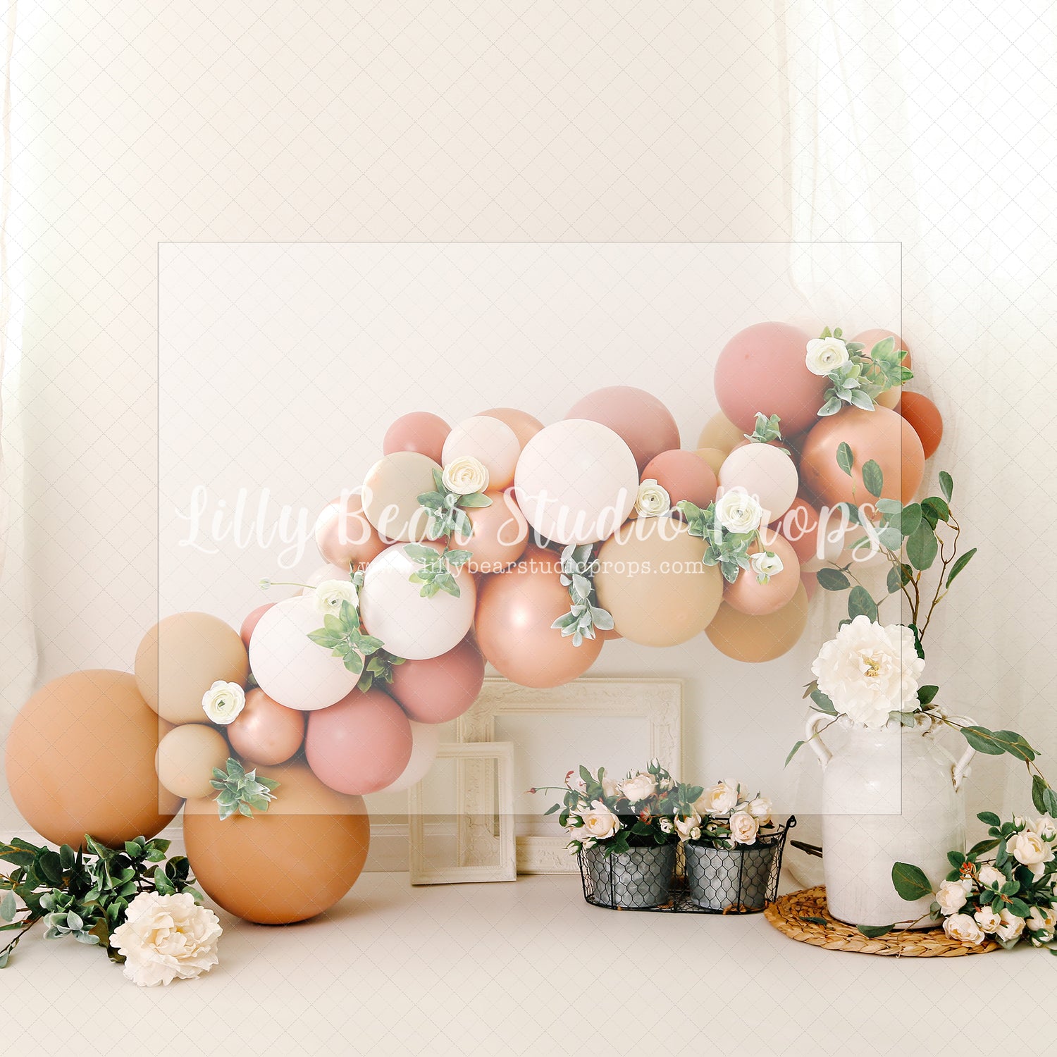 Boho Bloom Balloon Garland - Lilly Bear Studio Props, boho spring, FABRICS, flower barn doors, flower garden, flower ladder, flower stand, fresh flowers, garden, neutral balloon garland, neutral florals, spanish moss, spring, spring garden, spring mini, spring time, springtime, sprintime, tulips, watering can