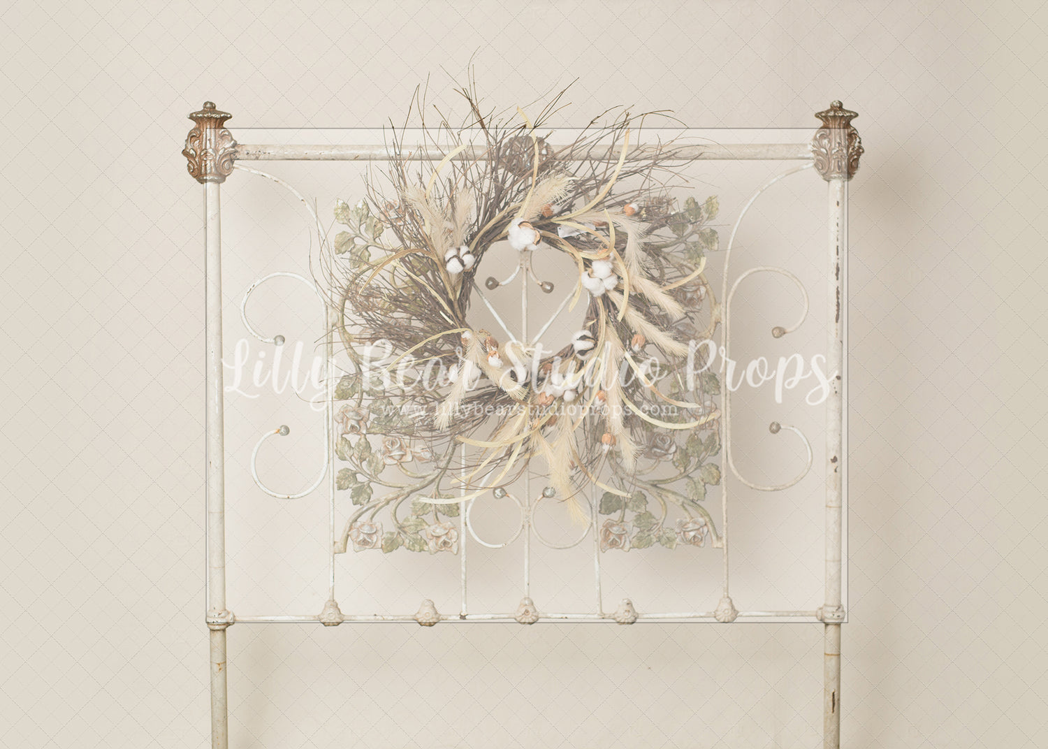 Boho Cotton Wreath Headboard - Lilly Bear Studio Props, boho bed, boho wreath, FABRICS, fancy headboard, headboard, vintage headboard, white headboard, wreath