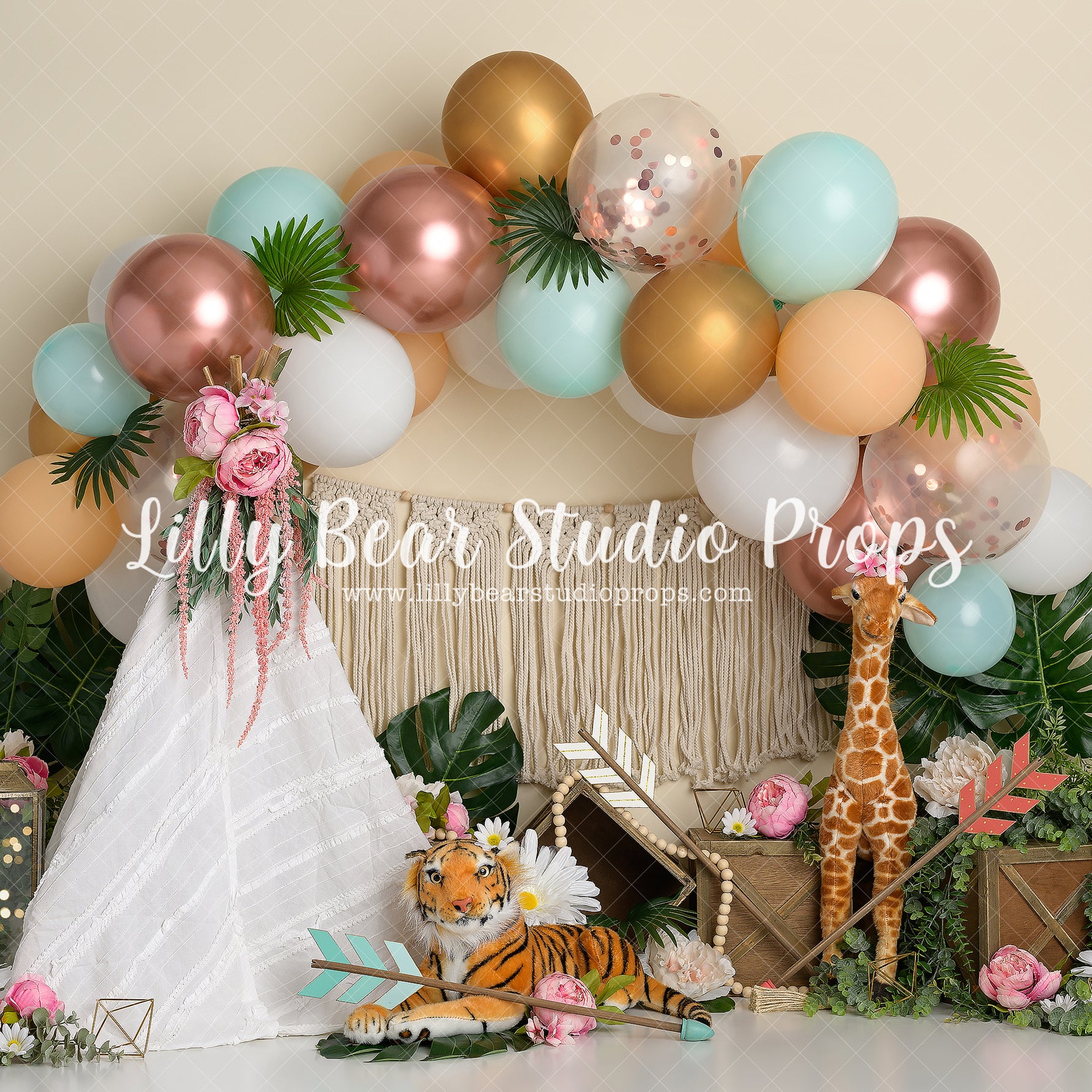 Boho Jungle - Lilly Bear Studio Props, anchor, arrows, balloon, balloon chic, balloon garland, balloons, boho chic, bow and arrow, cake smash, Fabric, FABRICS, girl, jungle, metallic balloon, mint, pastel, pink, pretty cake smash, Wrinkle Free Fabric