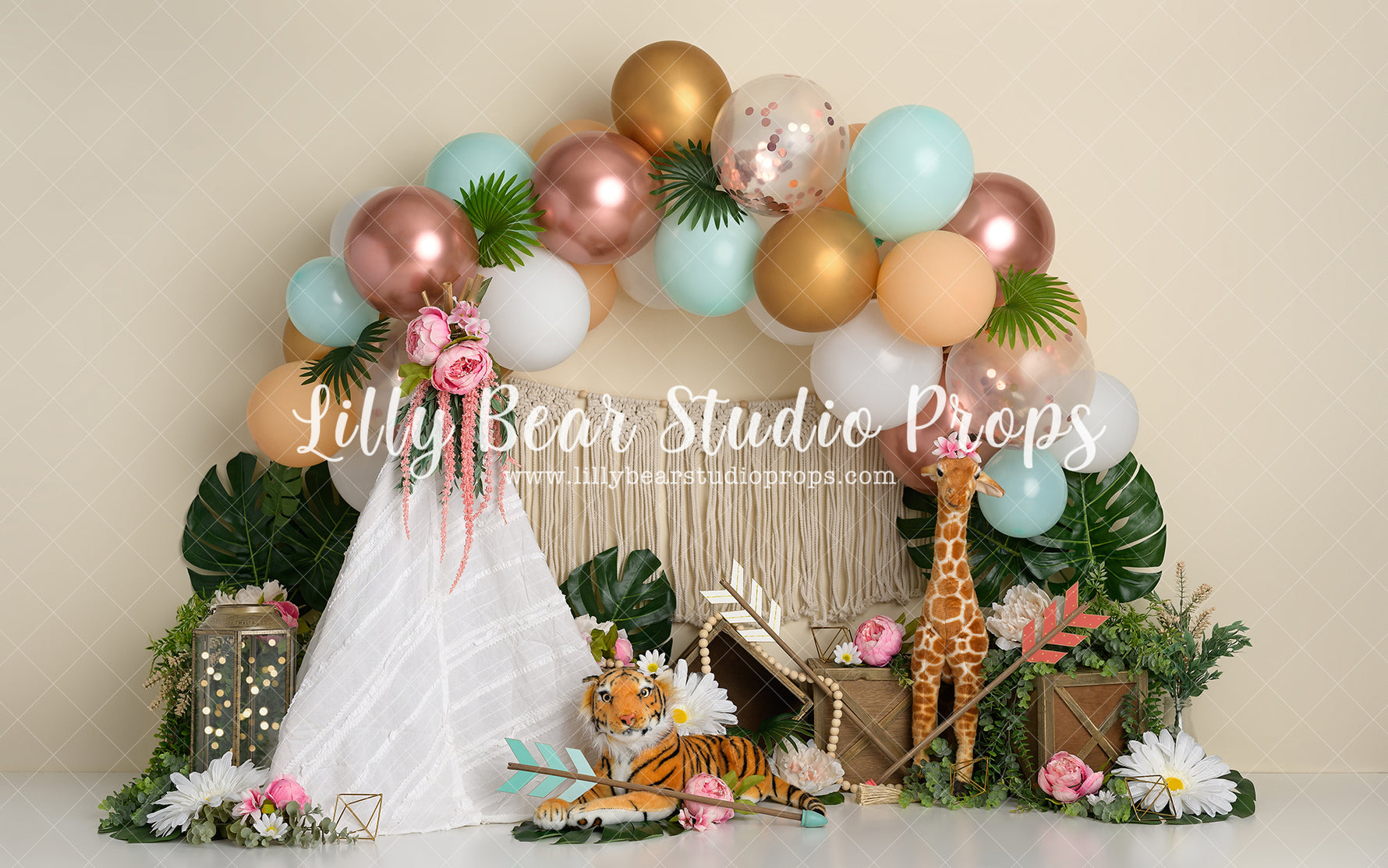 Boho Jungle - Lilly Bear Studio Props, anchor, arrows, balloon, balloon chic, balloon garland, balloons, boho chic, bow and arrow, cake smash, Fabric, FABRICS, girl, jungle, metallic balloon, mint, pastel, pink, pretty cake smash, Wrinkle Free Fabric