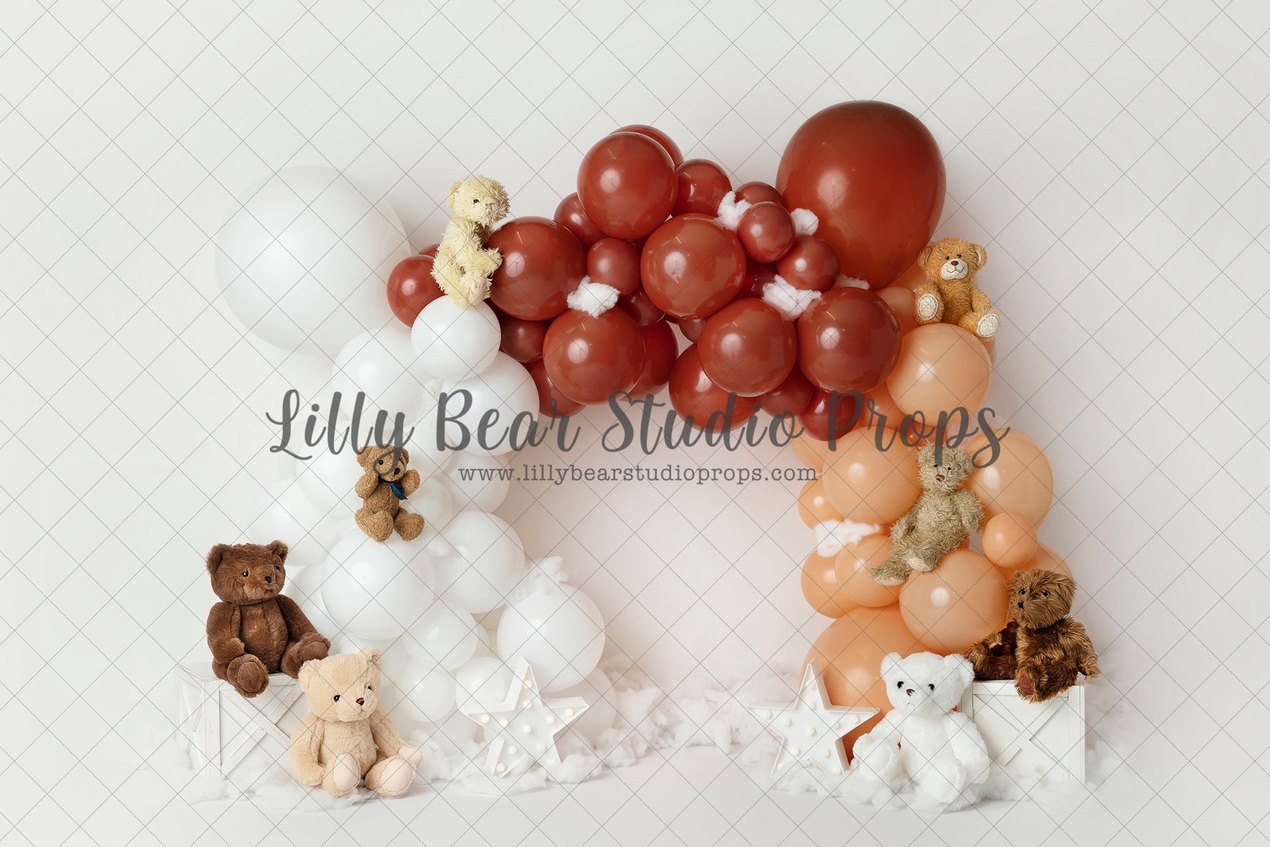 Boho Rainbow with Teddies - Lilly Bear Studio Props, pink balloon, pink balloon garland, pink balloons, pink hot air balloon, silver star, silver stars, teddy, teddy balloons, teddy bear, teddy bear picnic, teddy bears, teddys