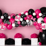 Bowtiful Balloons - Lilly Bear Studio Props, bows, disney, disney land, disney movie, disney world, disneyland, fabric, girls, hot pink, mickey, mickey mouse, minnie mouse, minnie mouse balloon garland, minnie mouse bow, minnie's bowtique, pink, pink and white balloon garland, pink black and white balloons, pink black white, pink floral, poly, vinyl, Wrinkle Free Fabric
