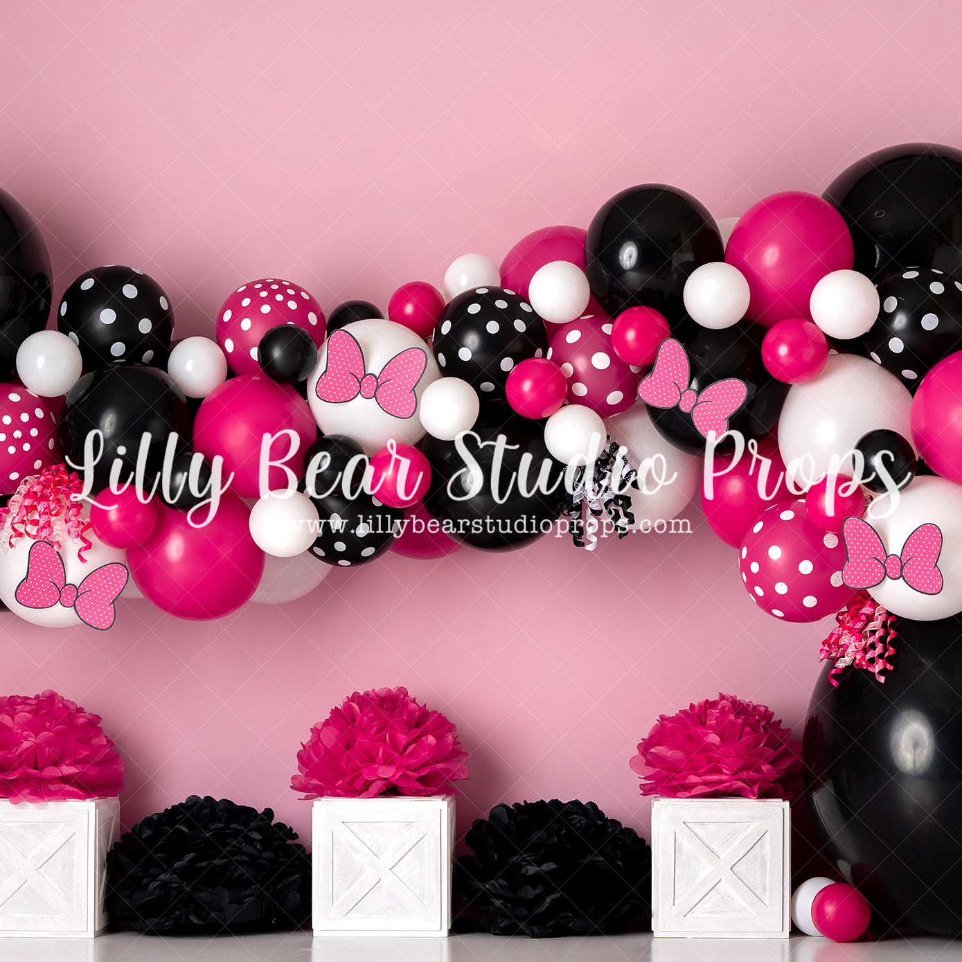 Bowtiful Balloons - Lilly Bear Studio Props, bows, disney, disney land, disney movie, disney world, disneyland, fabric, girls, hot pink, mickey, mickey mouse, minnie mouse, minnie mouse balloon garland, minnie mouse bow, minnie's bowtique, pink, pink and white balloon garland, pink black and white balloons, pink black white, pink floral, poly, vinyl, Wrinkle Free Fabric
