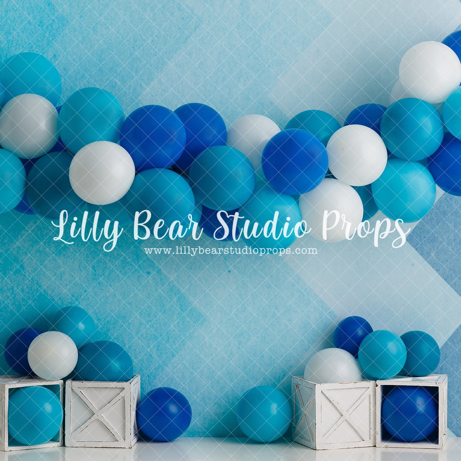 Boy Blues - Lilly Bear Studio Props, balloon, balloon garland, blue balloon, blue balloon garland, blue balloons, boho greenery, cake smash, Fabric, FABRICS, floral, greenery, silver balloons, vintage, vintage floral, white balloons, Wrinkle Free Fabric