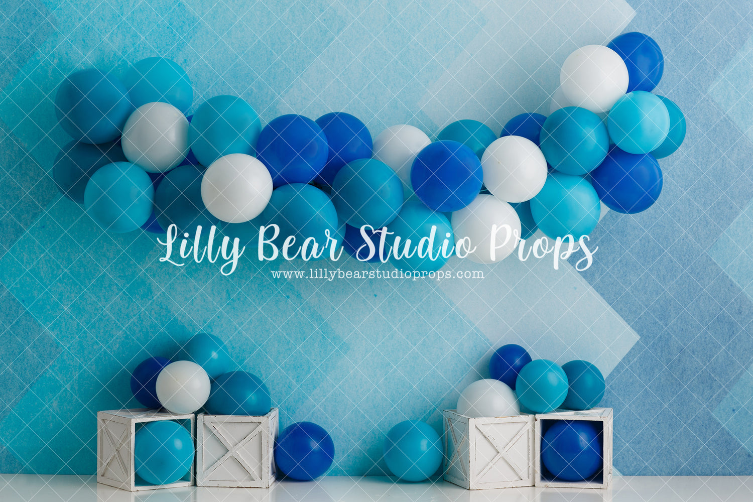 Boy Blues - Lilly Bear Studio Props, balloon, balloon garland, blue balloon, blue balloon garland, blue balloons, boho greenery, cake smash, Fabric, FABRICS, floral, greenery, silver balloons, vintage, vintage floral, white balloons, Wrinkle Free Fabric