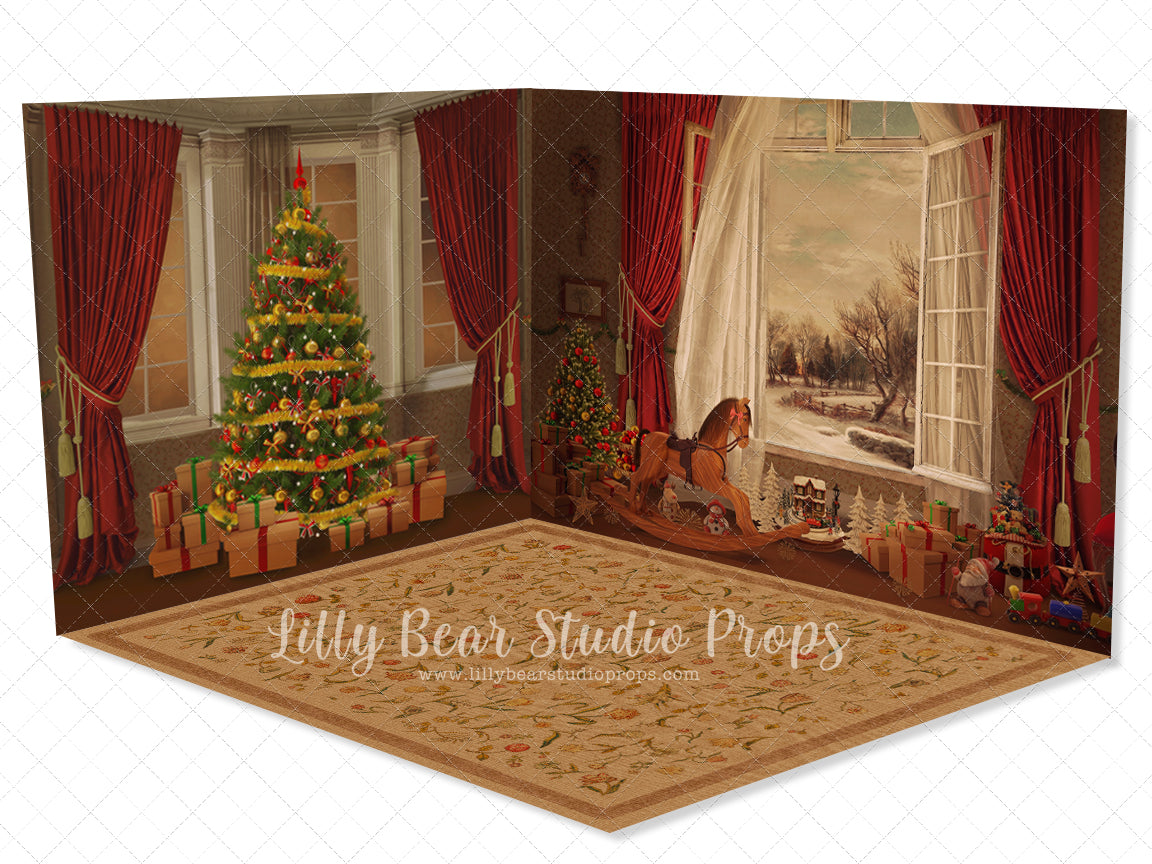 Bridgerton Christmas Room - Lilly Bear Studio Props, black fireplace, bohemian christmas, bohemian fireplace, bohemian mantel, boho, boho christmas, boho holiday, boho mantel, christmas, christmas mantel, christmas village, evergreen trees, evergreens, Fabric, fireplace, holiday, holiday christmas, mantel, Pampas, pine trees, white christmas, white holiday, Wrinkle Free Fabric
