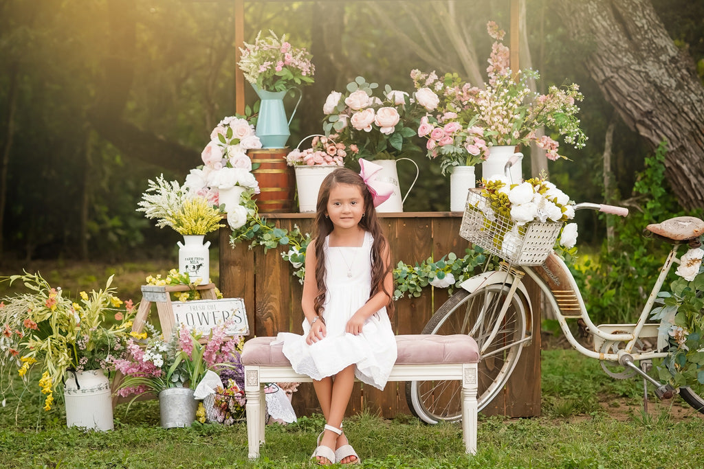 Fresh Flower Stand - Lilly Bear Studio Props, bicycle, blooming flowers, blue flower, blue flowers, bright flowers, flower, flower balloons, flower market, flower shop, flower stand, fresh flowers, fresh fruit, fruit market, little flower shop, pink balloons, summer, summertime, white picket fence