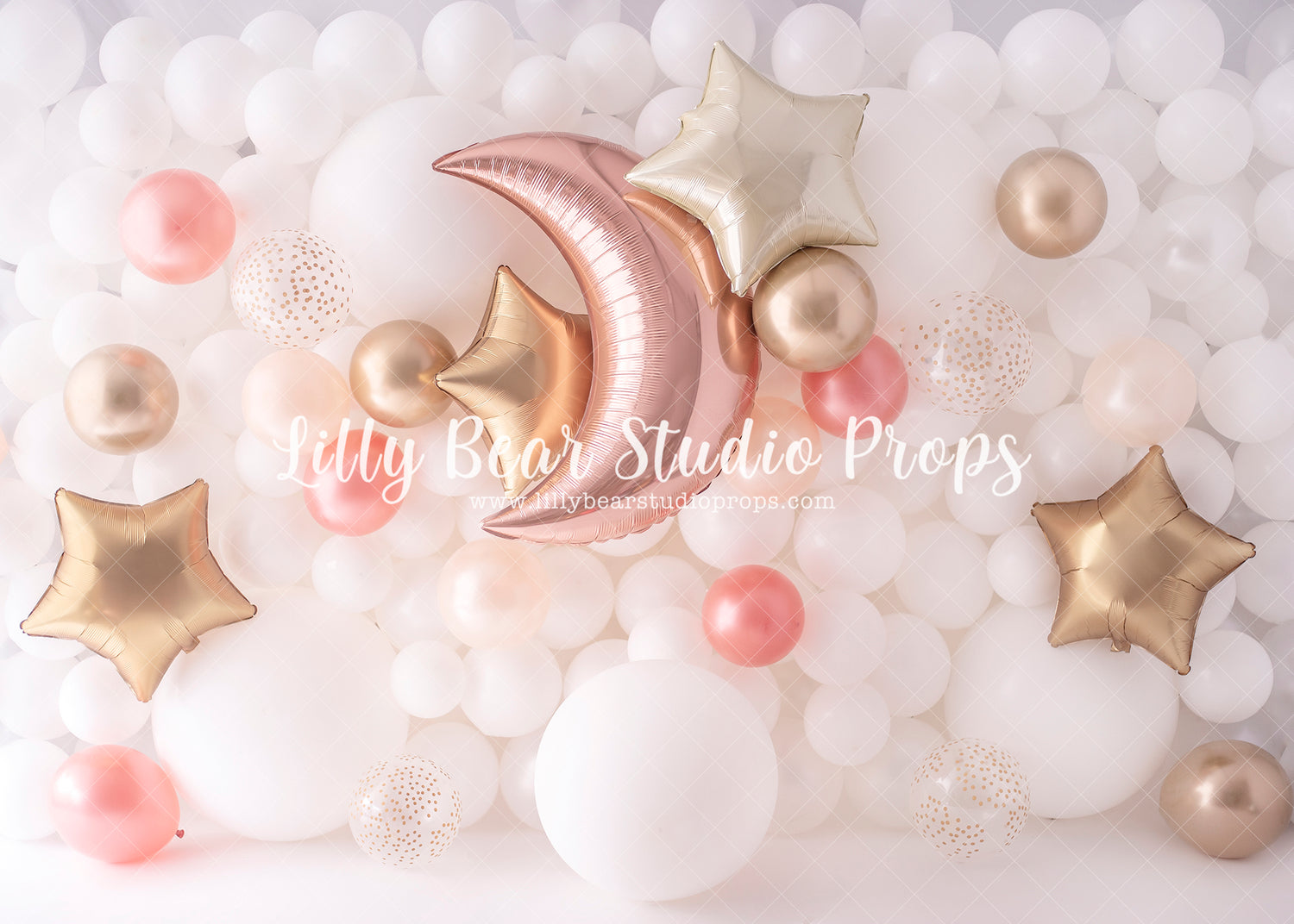 Bright Moon & Stars - Lilly Bear Studio Props, balloon wall, gold star, gold stars, moon, moon and stars, pastel, stars, white balloon wall
