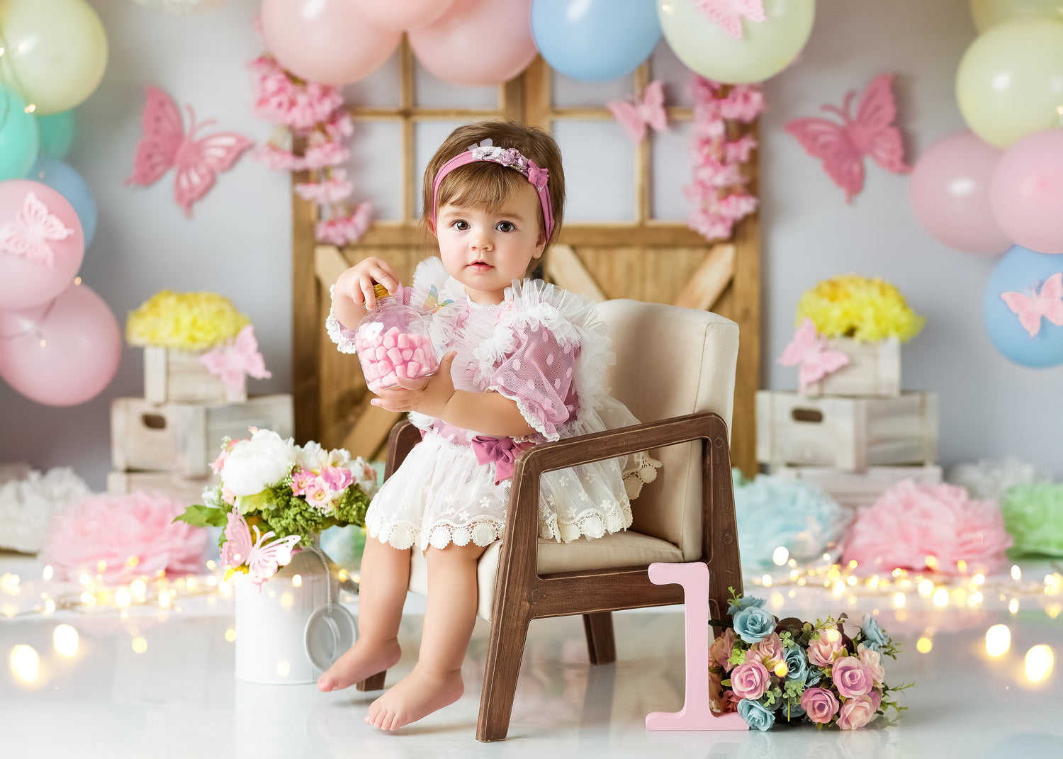 Blooming Tent Balloon Arch - Lilly Bear Studio Props, butterflies, butterfly, butterfly balloons, butterfly colours, butterfly flowers, cake smash, gold, gold palms, leaves, pastel, pastel balloon wall, pastel balloons, pastel blue, pastel green, pastel orange, pastel pink, pastel purple, pastel rainbow, pastel wall, pastel yellow, pink butterflies