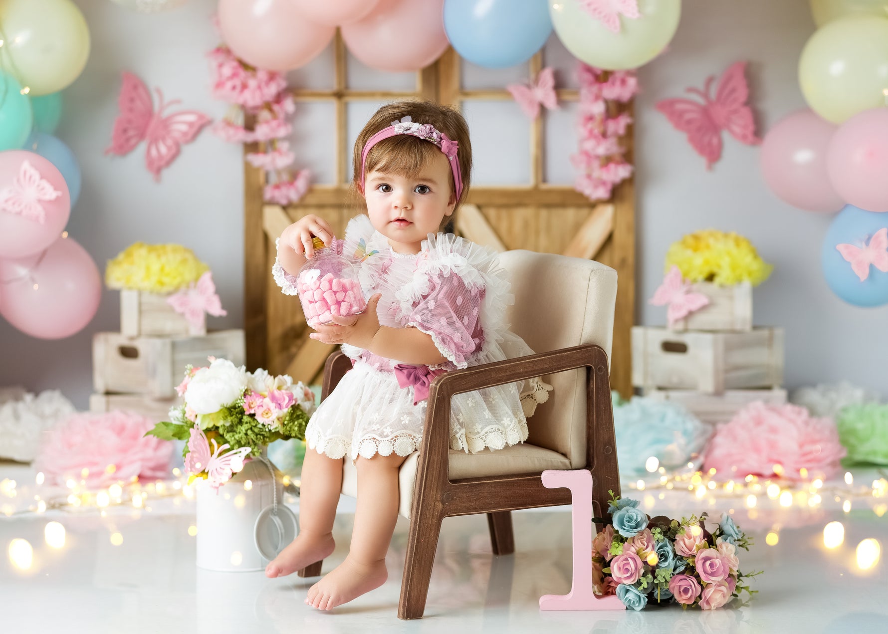 Blooming Tent Balloon Arch - Lilly Bear Studio Props, butterflies, butterfly, butterfly balloons, butterfly colours, butterfly flowers, cake smash, gold, gold palms, leaves, pastel, pastel balloon wall, pastel balloons, pastel blue, pastel green, pastel orange, pastel pink, pastel purple, pastel rainbow, pastel wall, pastel yellow, pink butterflies