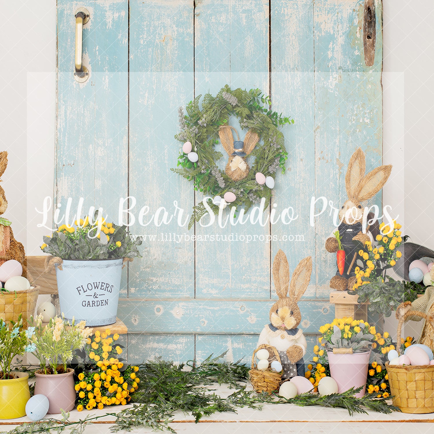 Bunnies at the Door - Lilly Bear Studio Props, boho spring, bunny, bunny garden, bunny one, bunny trail, easter, easter backdrop, easter basket, easter bunny, FABRICS, flower barn doors, flower garden, flower stand, some bunny is one, spring, spring camper, spring garden