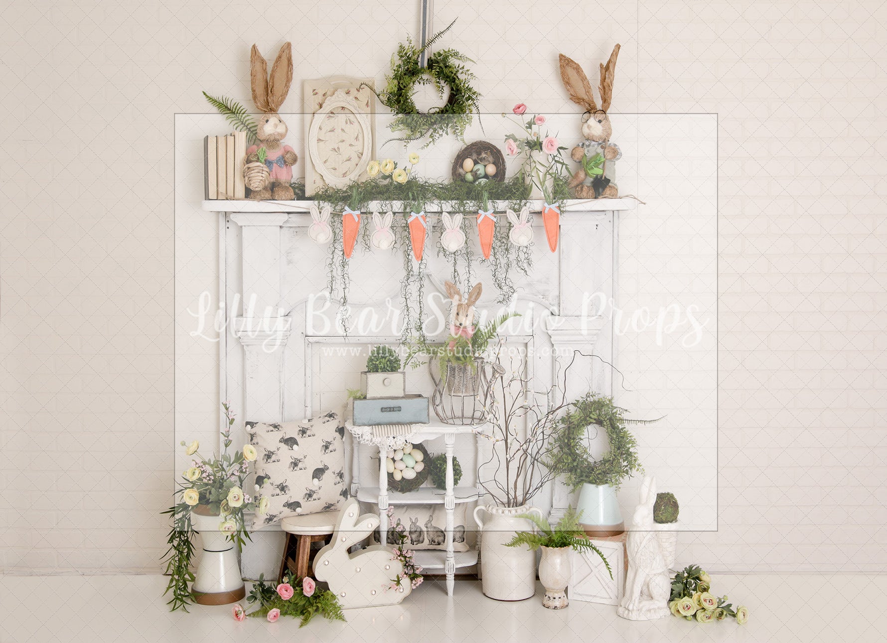 Bunny Carrot Mantel - Lilly Bear Studio Props, boho spring, bunny, bunny garden, bunny one, bunny trail, carrot, carrots, easter, easter backdrop, easter basket, easter bunny, easter eggs, easter mini, FABRICS, fireplace, flower barn doors, flower garden, flower stand, mantel, some bunny is one, spring, spring camper, spring garden