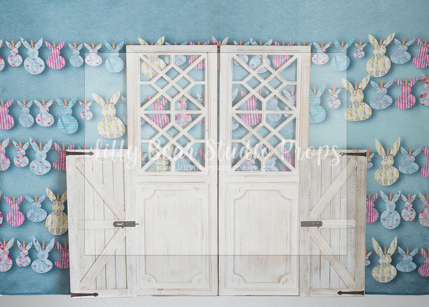 Bunny Cut Out Doors - Lilly Bear Studio Props, barn doors, bunnies, bunny, easter, easter backdrop, easter bunny, easter doors, easter egg, easter flowers, easter mini, FABRICS, happy easter, some bunnies one, some bunny is one, some bunny's one, spring barn doors, spring bunny, white barn doors