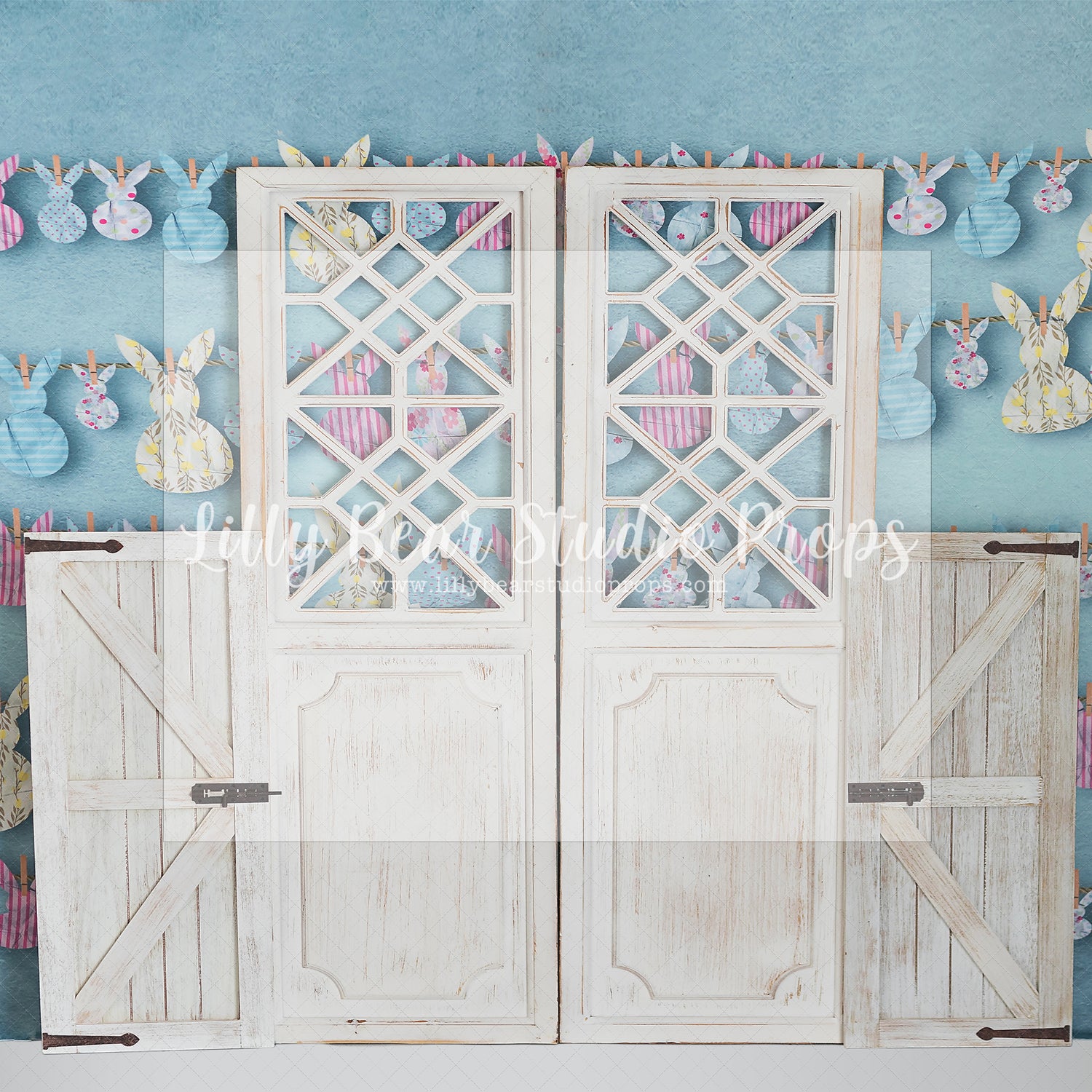 Bunny Cut Out Doors - Lilly Bear Studio Props, barn doors, bunnies, bunny, easter, easter backdrop, easter bunny, easter doors, easter egg, easter flowers, easter mini, FABRICS, happy easter, some bunnies one, some bunny is one, some bunny's one, spring barn doors, spring bunny, white barn doors
