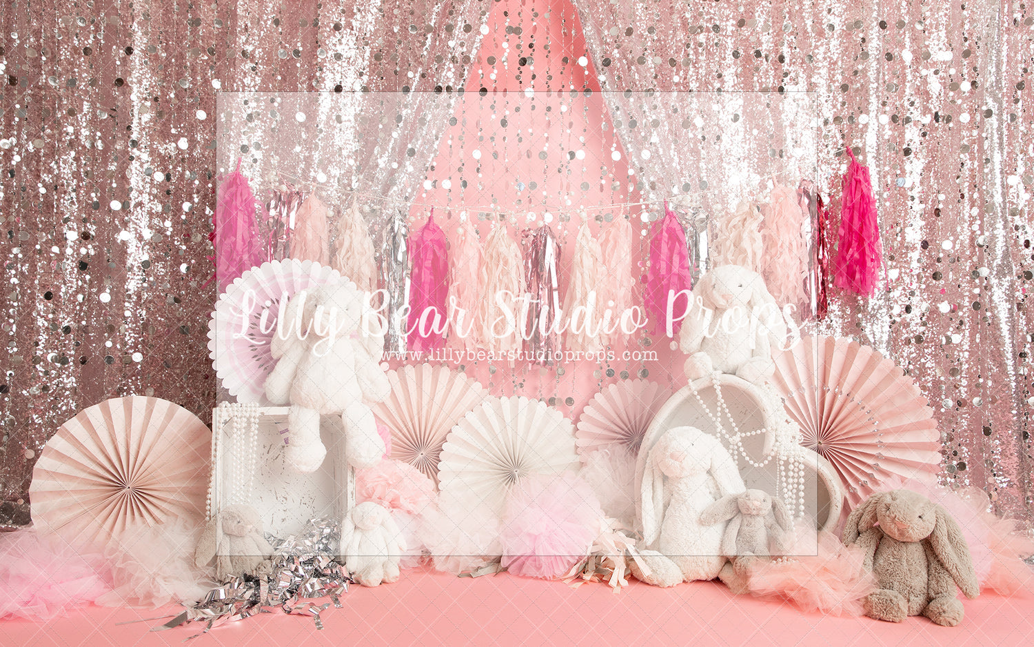 Bunny Fans - Lilly Bear Studio Props, birthday fans, bunnies, bunny, circle fans, fan decor, fans, gold fans, hearts, paper fans, pink and silver, pink and white, pink fans, silver curtains, silver tassles, tassle garland, white bunny, white heart