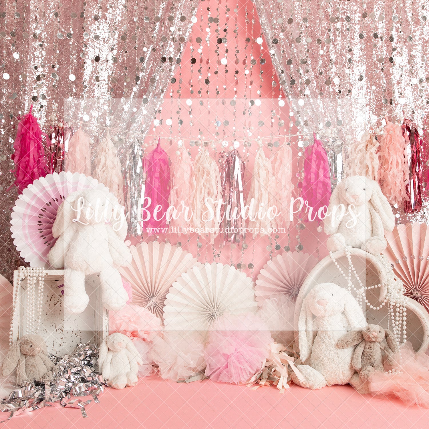 Bunny Fans - Lilly Bear Studio Props, birthday fans, bunnies, bunny, circle fans, fan decor, fans, gold fans, hearts, paper fans, pink and silver, pink and white, pink fans, silver curtains, silver tassles, tassle garland, white bunny, white heart